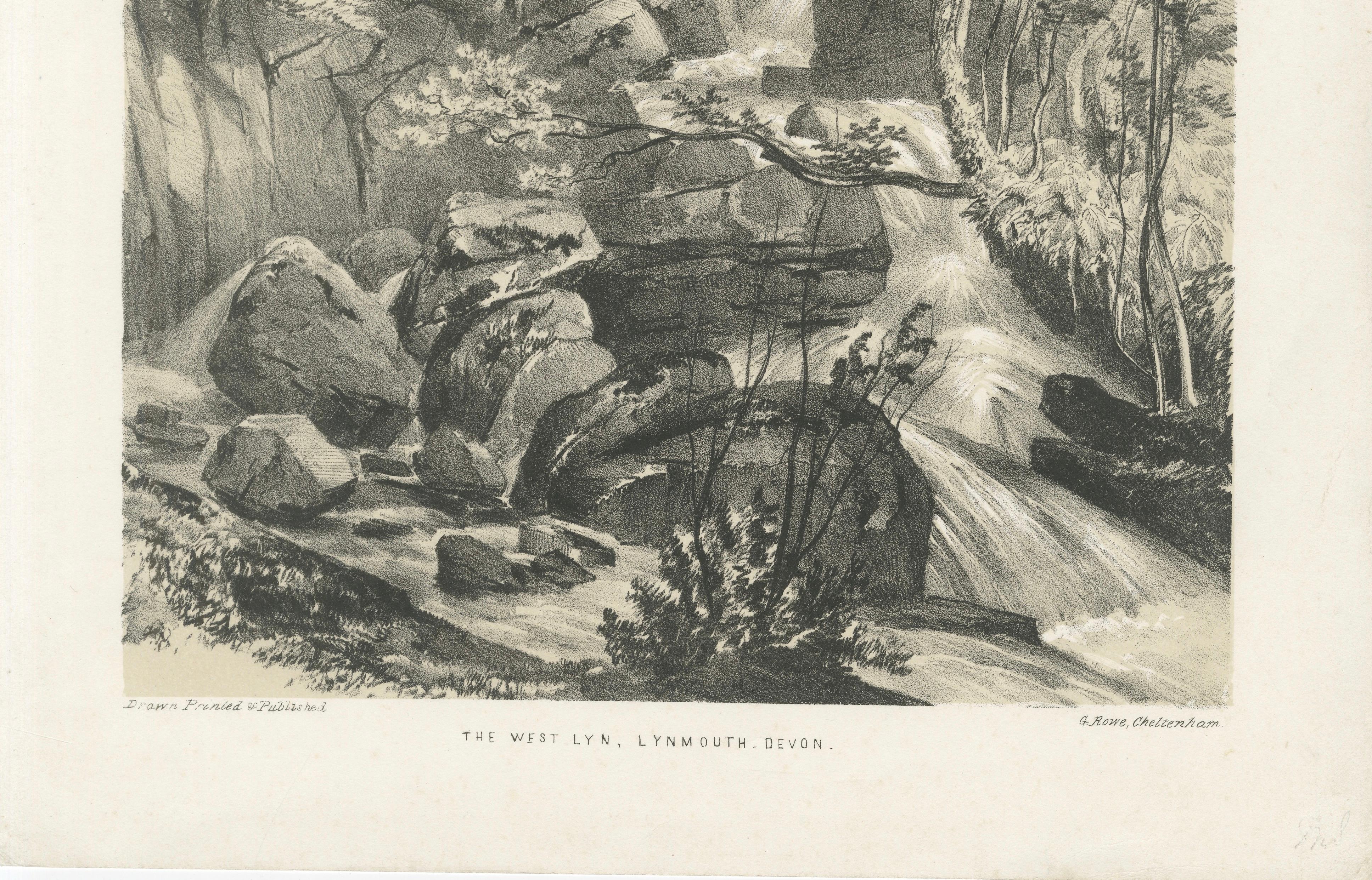 West Lyn Waterfall at Lynmouth Devon, Romantic English Landscape Lithograph 1821