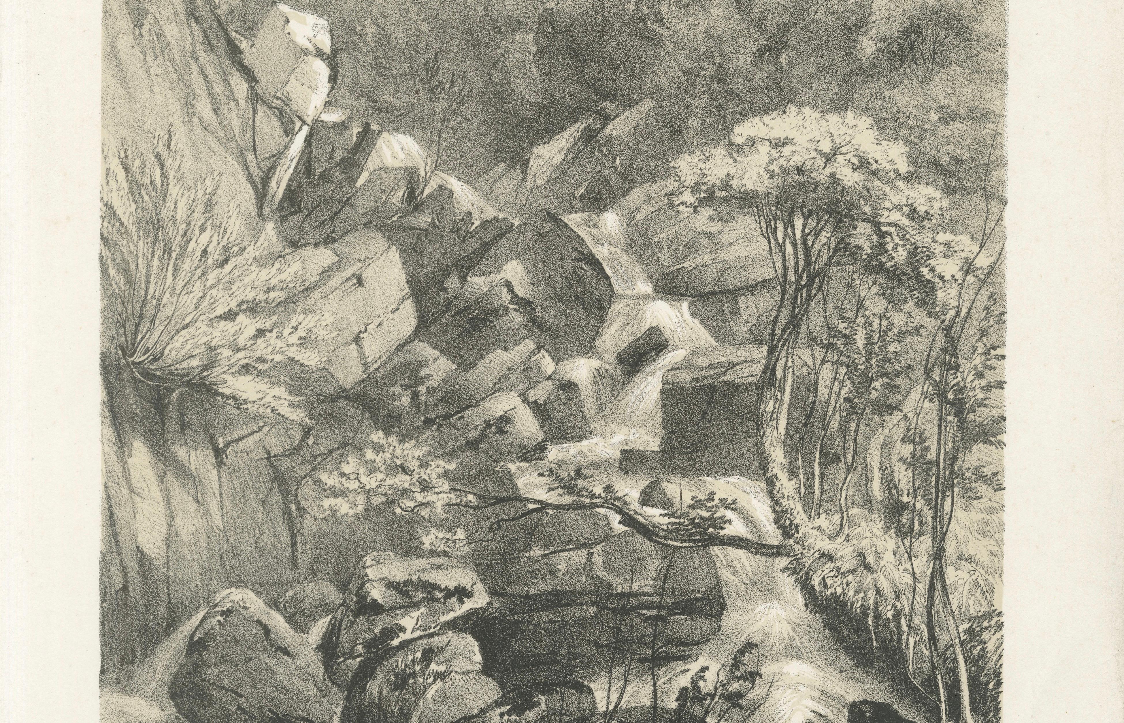 West Lyn Waterfall at Lynmouth Devon, Romantic English Landscape Lithograph 1821
