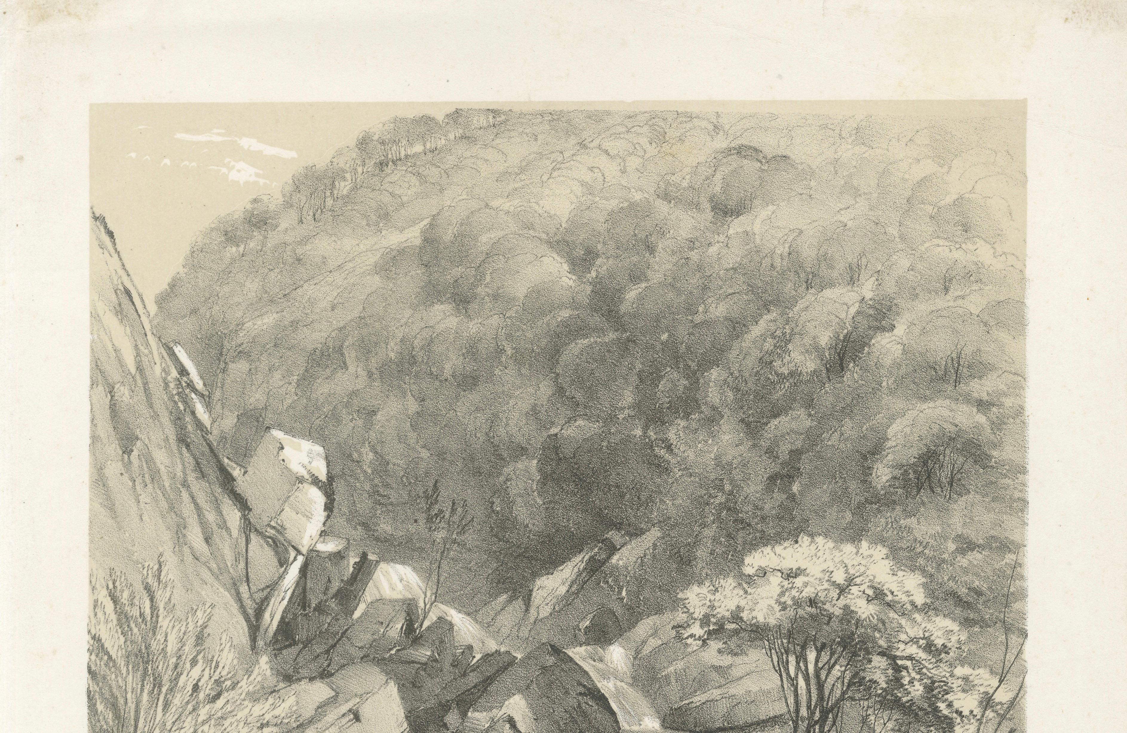 West Lyn Waterfall at Lynmouth Devon, Romantic English Landscape Lithograph 1821