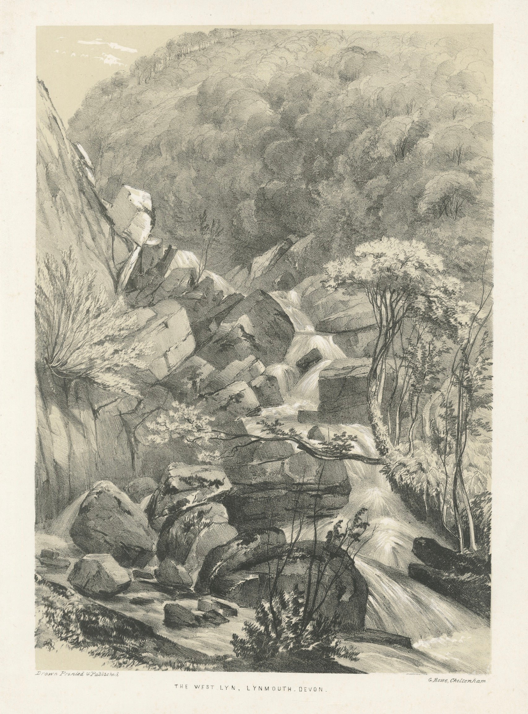 West Lyn Waterfall at Lynmouth Devon, Romantic English Landscape Lithograph 1821 For Sale