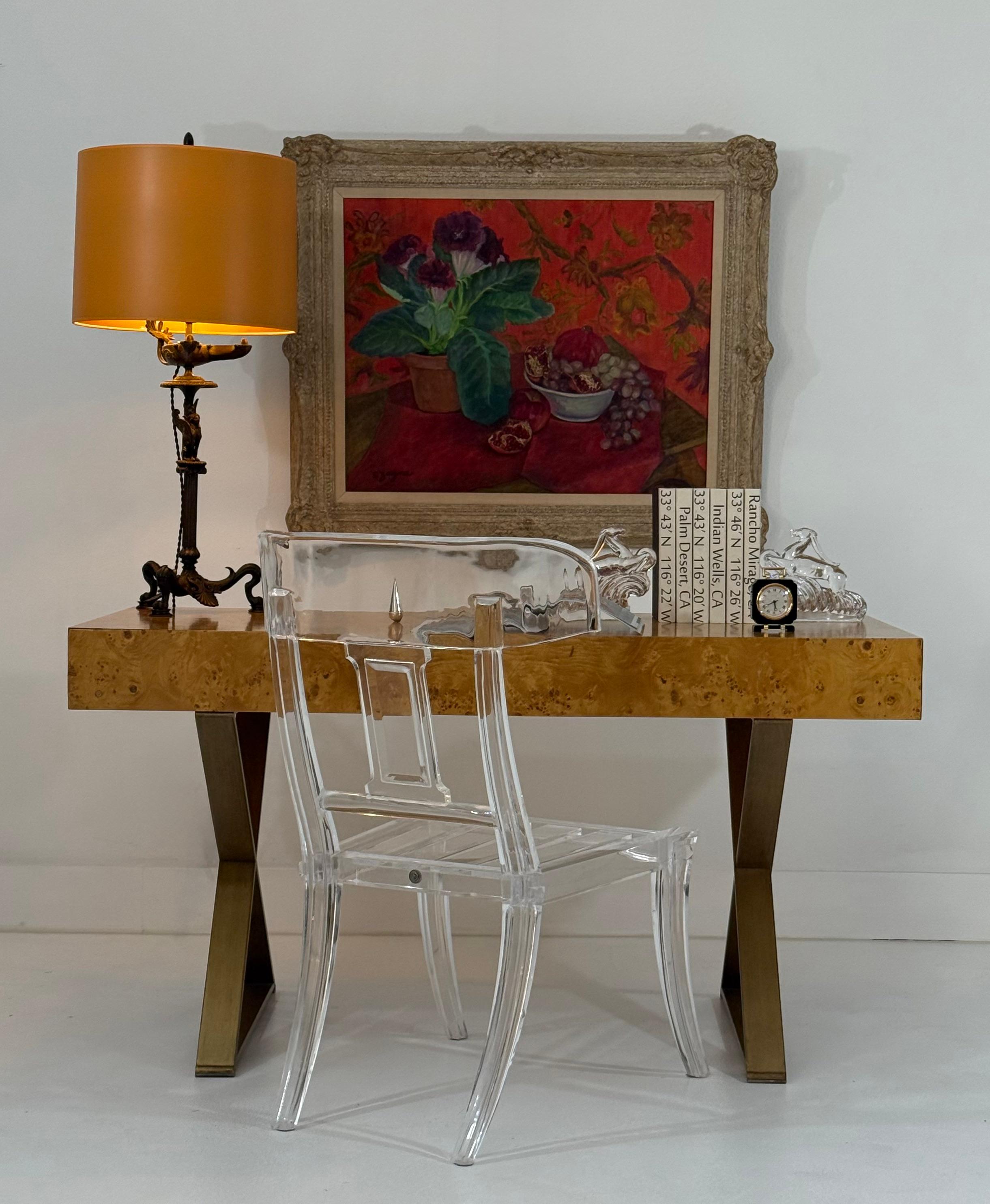 Scrivania West Michigan in legno di radica con base a X in bronzo, due cassetti in vendita 8