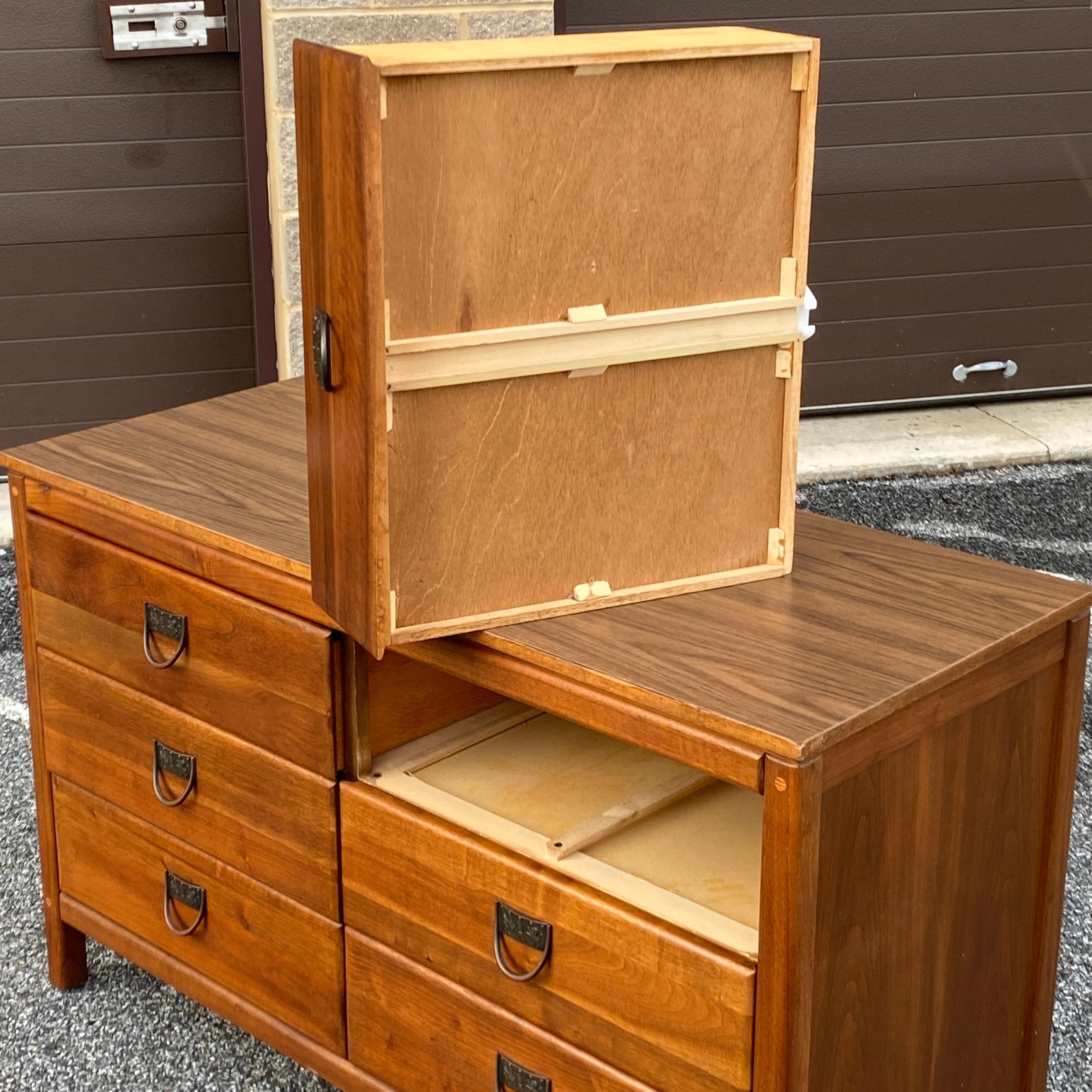 Brass West Michigan Furniture Co. Mid-Century Modern Walnut Double Dresser For Sale
