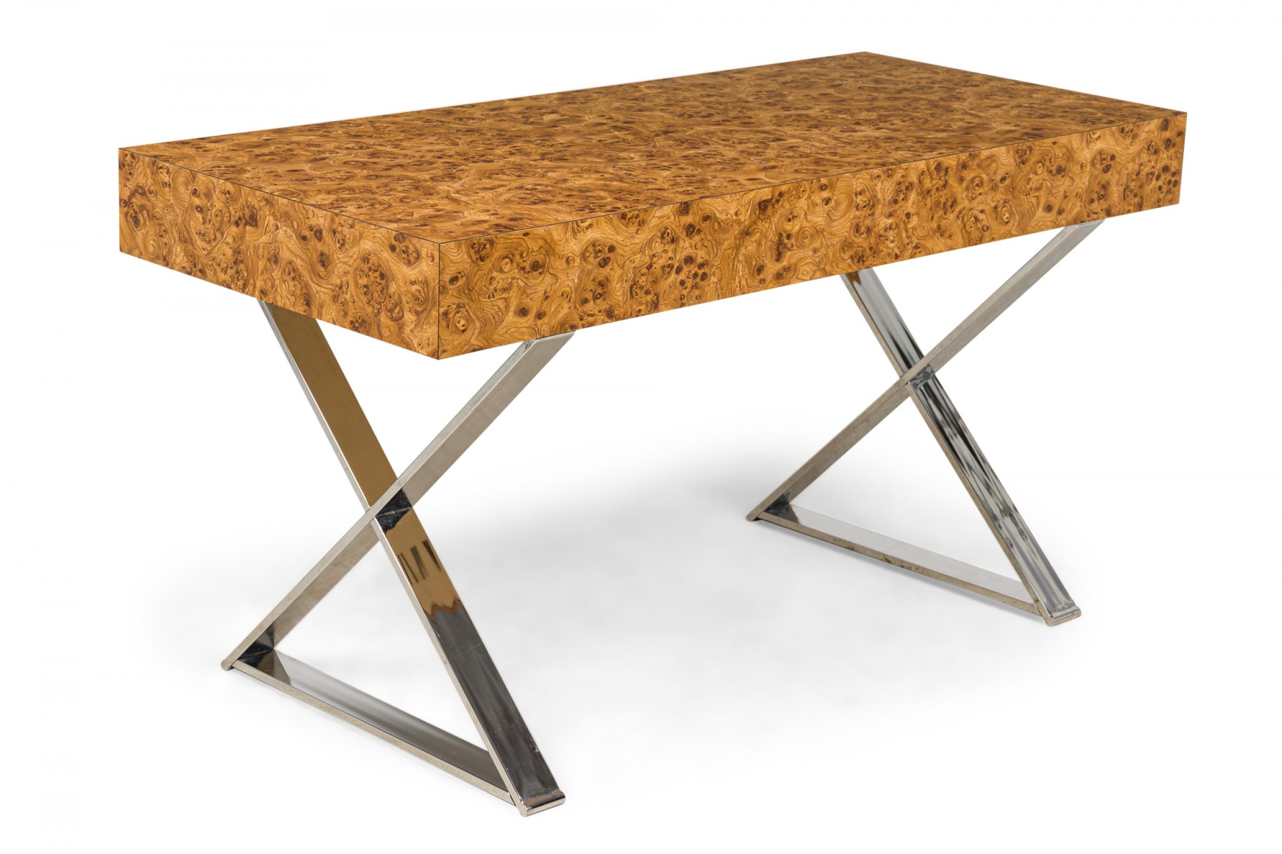 West Michigan Furniture Company American Mid-Century Burl Laminate Campaign Desk In Good Condition In Queens, NY