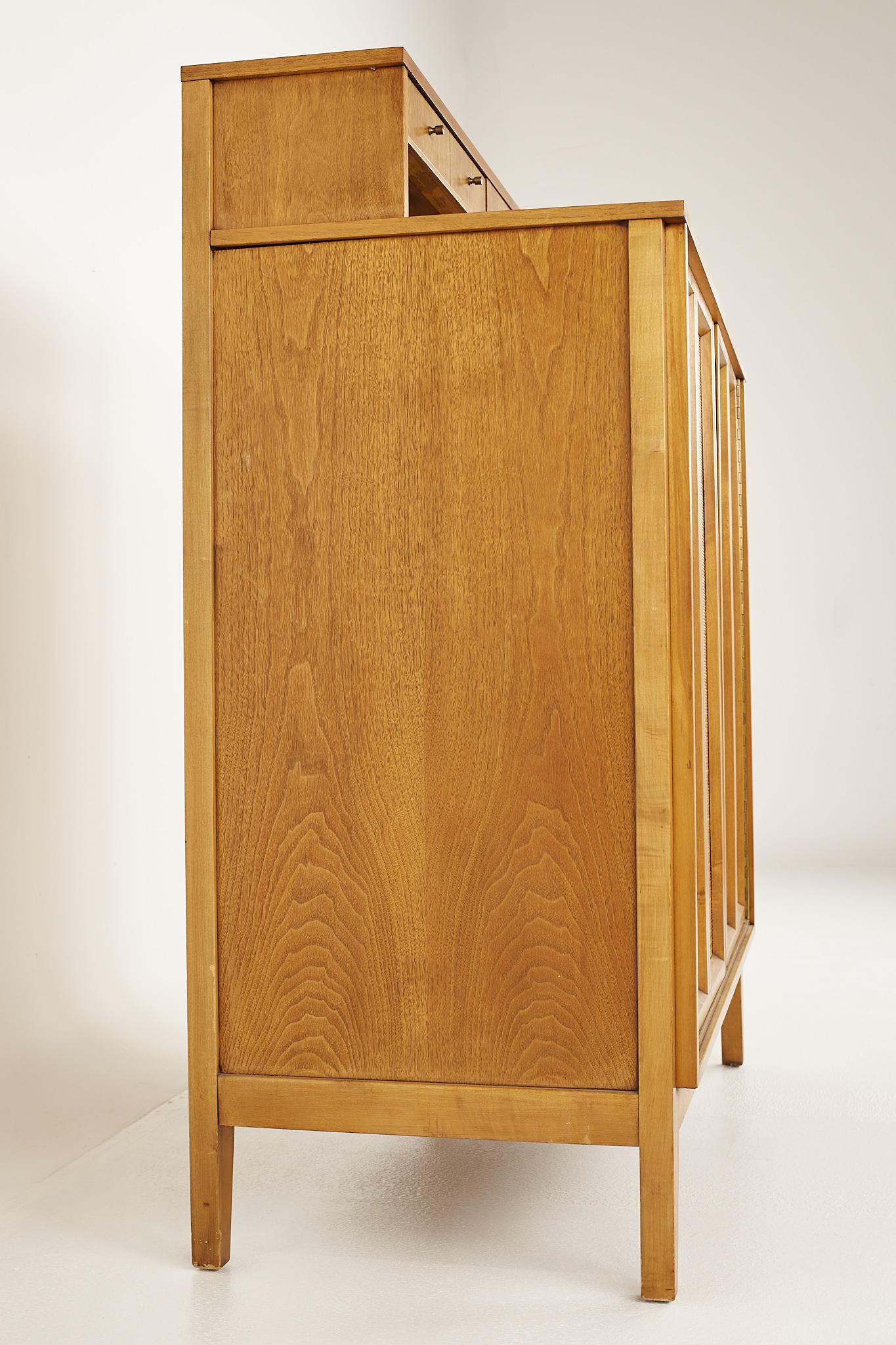 West Michigan Furniture Company Mid Century Walnut Caned Highboy