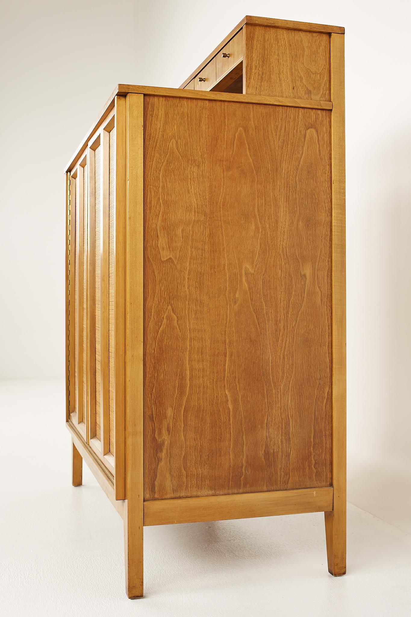 West Michigan Furniture Company Mid Century Walnut Caned Highboy