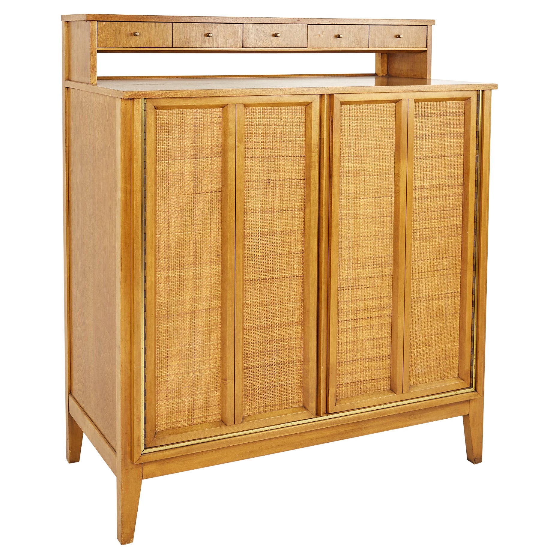 West Michigan Furniture Company Mid Century Walnut Caned Highboy Dresser