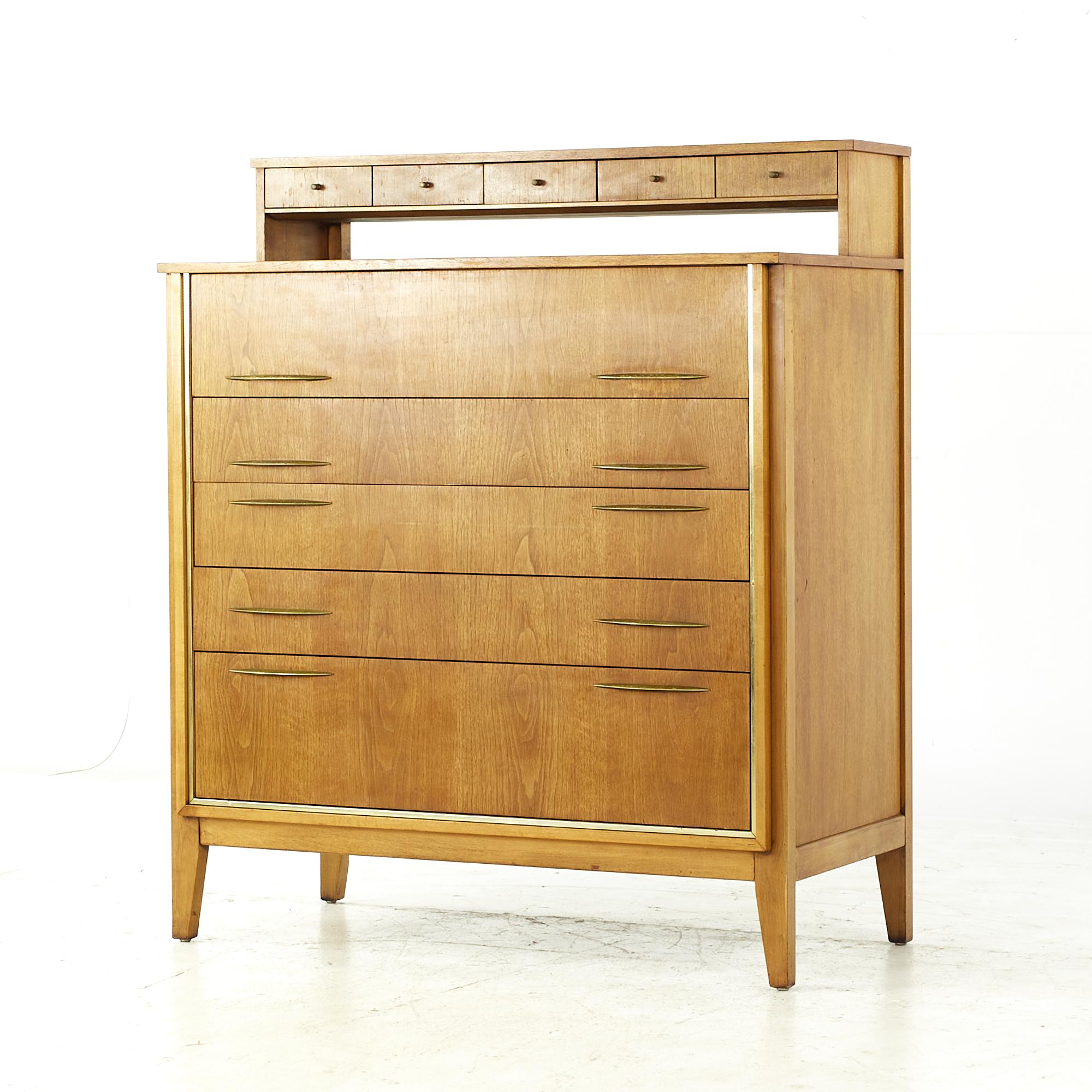 Mid-Century Modern West Michigan Furniture Midcentury Walnut and Brass Highboy For Sale