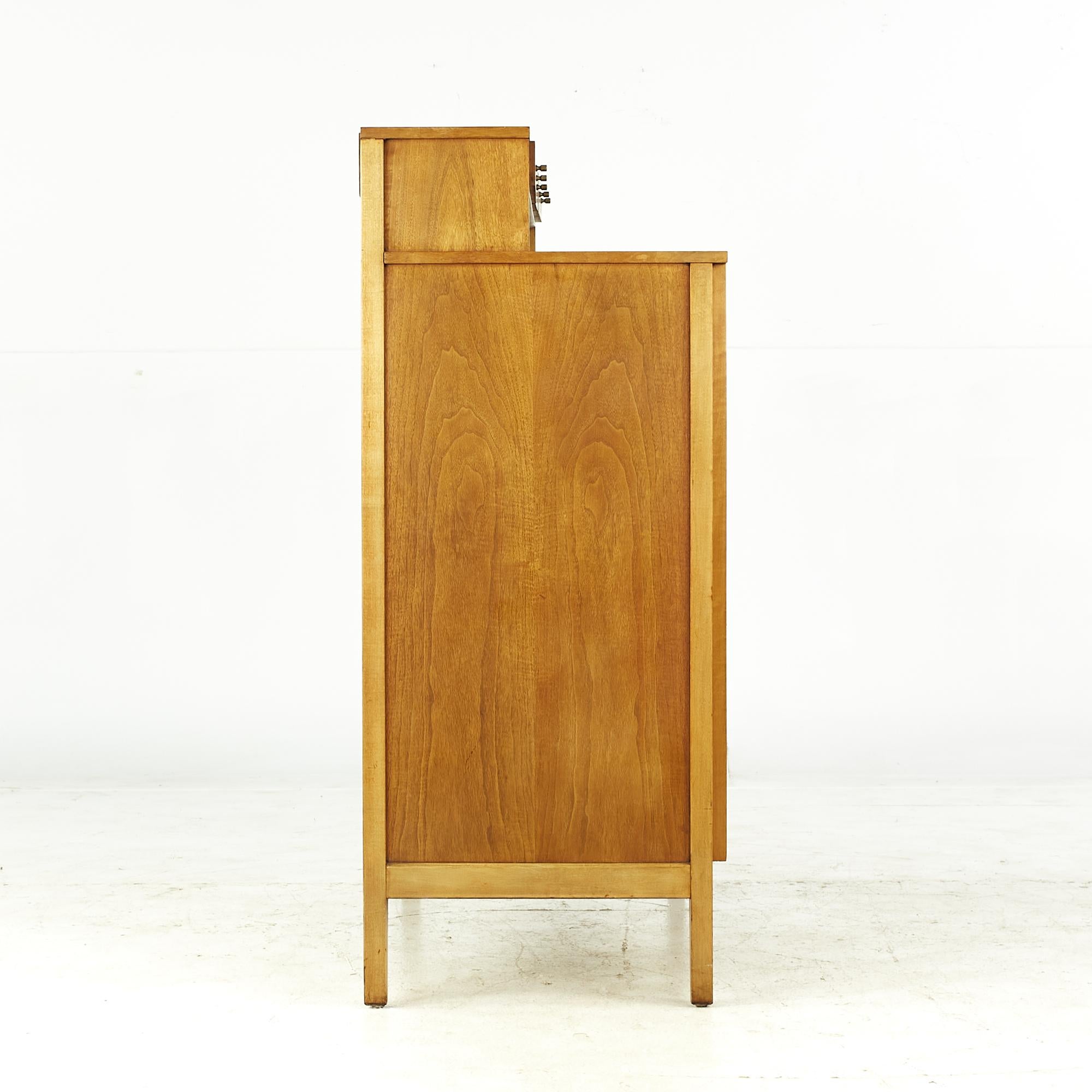 American West Michigan Furniture Midcentury Walnut and Brass Highboy For Sale