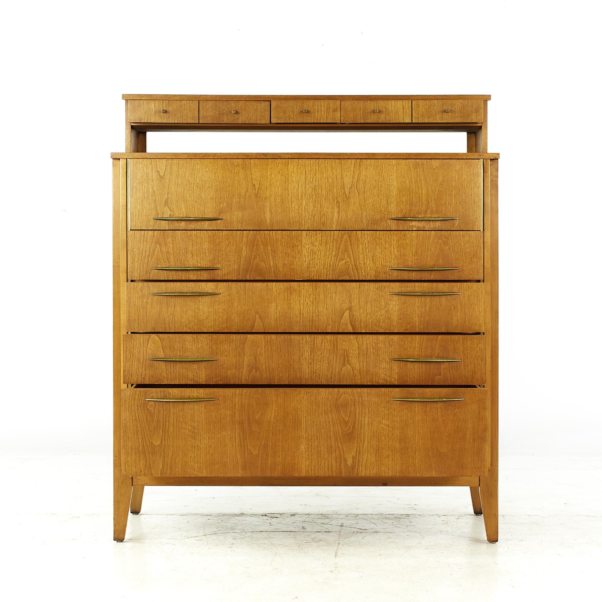 Late 20th Century West Michigan Furniture Midcentury Walnut and Brass Highboy