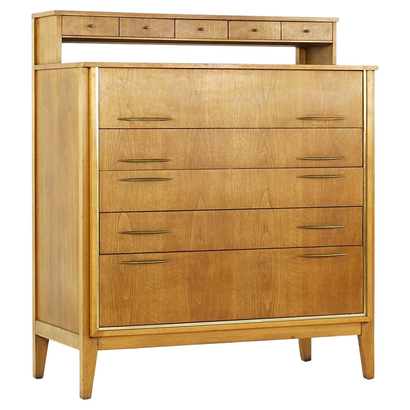 West Michigan Furniture Midcentury Walnut and Brass Highboy For Sale