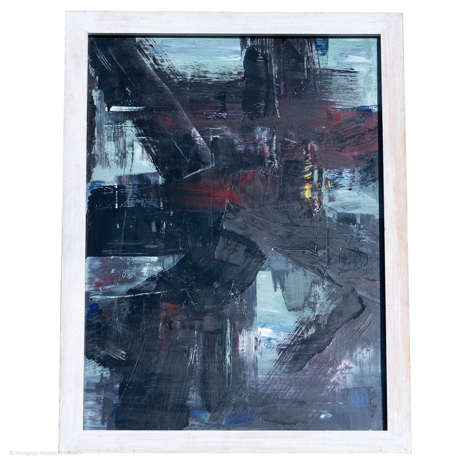 West Penwith Sea : Inscribed 'RJS' bottom right
label verso 'for Bryan with thanks'
The artist has abstracted the composition and using rough handling, a palette and thick impasto in tones of black, grey, white, yellow, blue and red evokes the