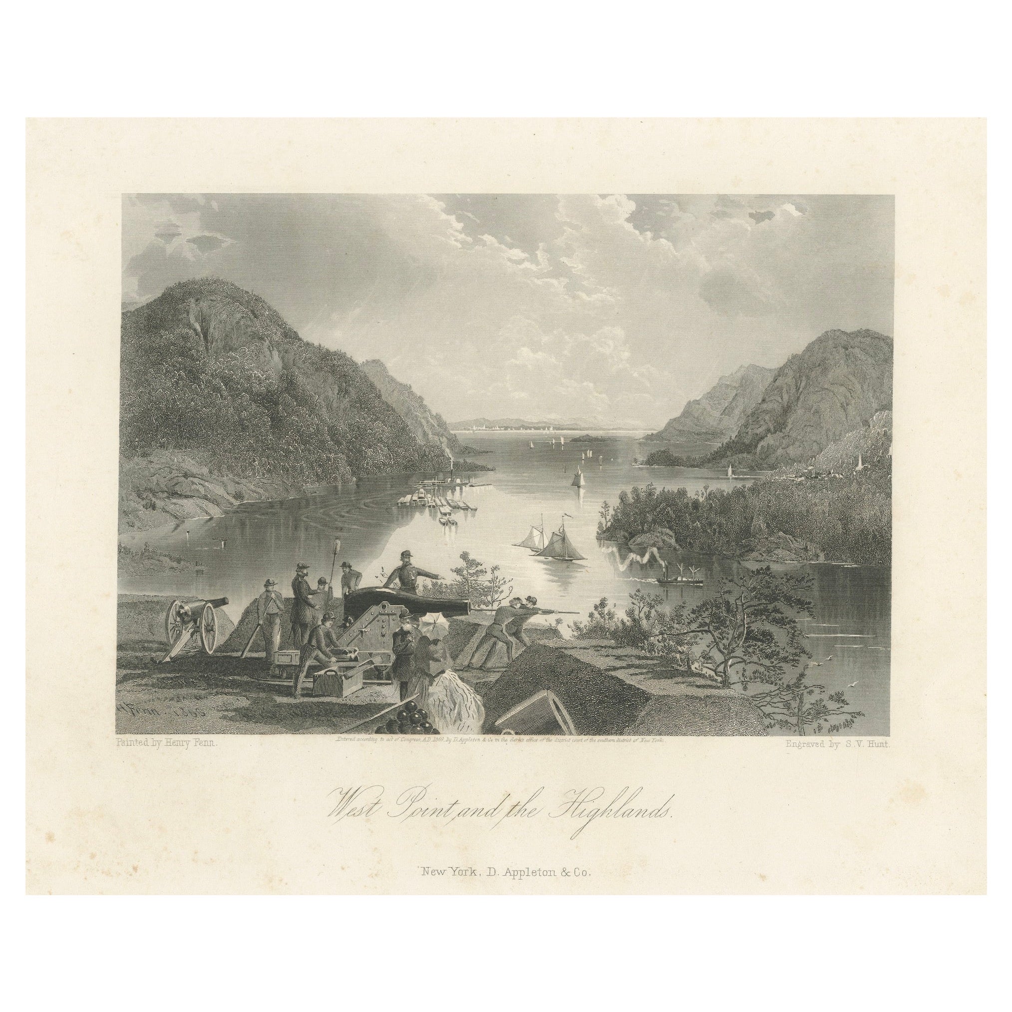 West Point e le Highlands, vista militare sul fiume Hudson - Incisione del 1869 in vendita