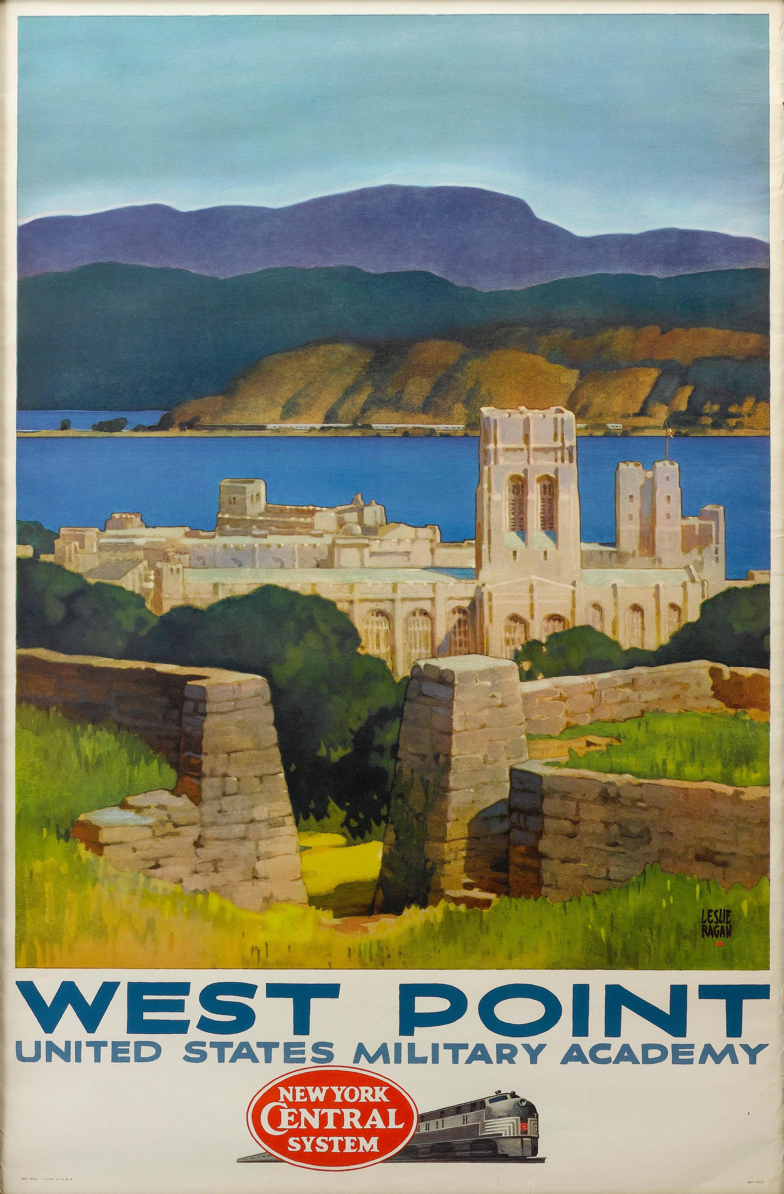 This is a vintage New York Central System Railway travel poster for the United States Military Academy at West Point. The poster depicts several neogothic granite academic buildings and the iconic Cadet Chapel, with a stunning vista of the Hudson