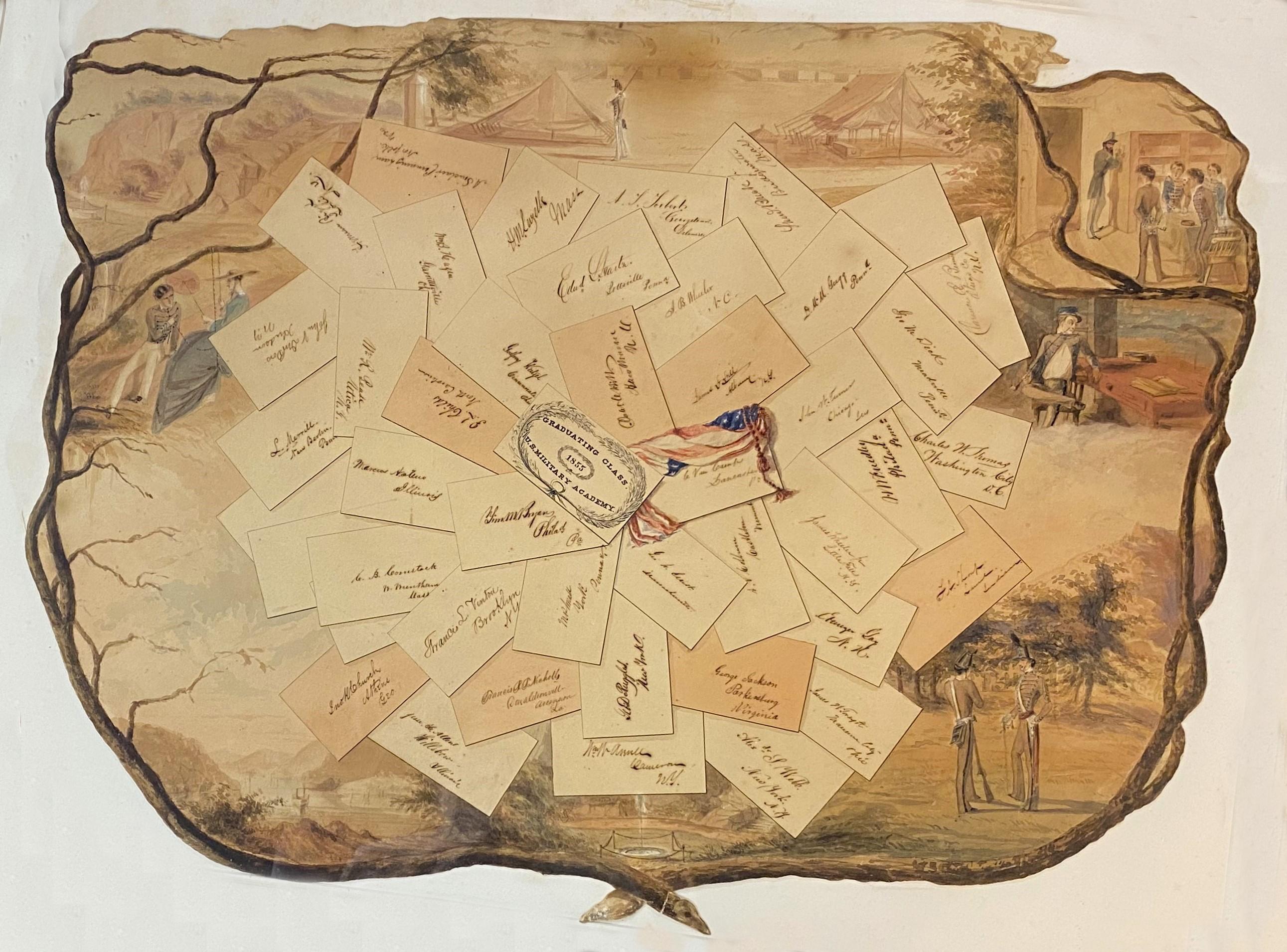 Ein schön detailliertes Trompe L'Oeil-Aquarell auf Papier von einer Collage von Autogrammen und Szenen aus der Abschlussklasse der US-Militärakademie in West Point, 1855, zugeschrieben Francis Laurens Vinton (1835-1879). Vinton war Kadett an der