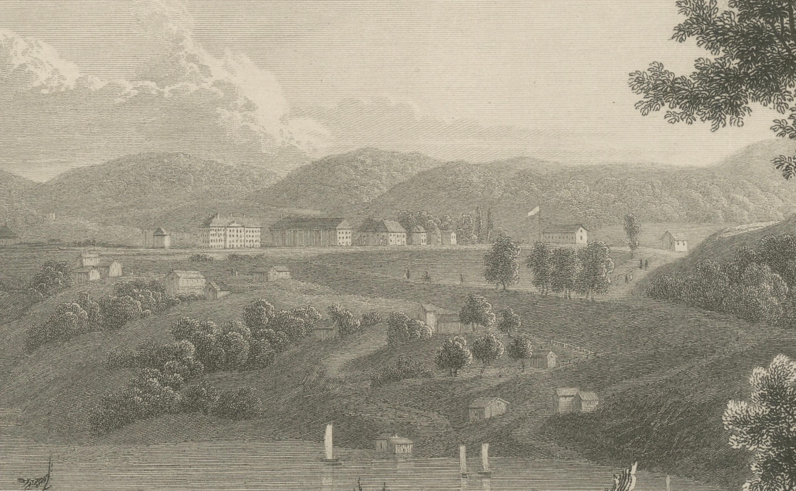 Kupferstich der Militärschule West Point, um 1850 - Ansicht des historischen Hudson River Valley (Graviert) im Angebot