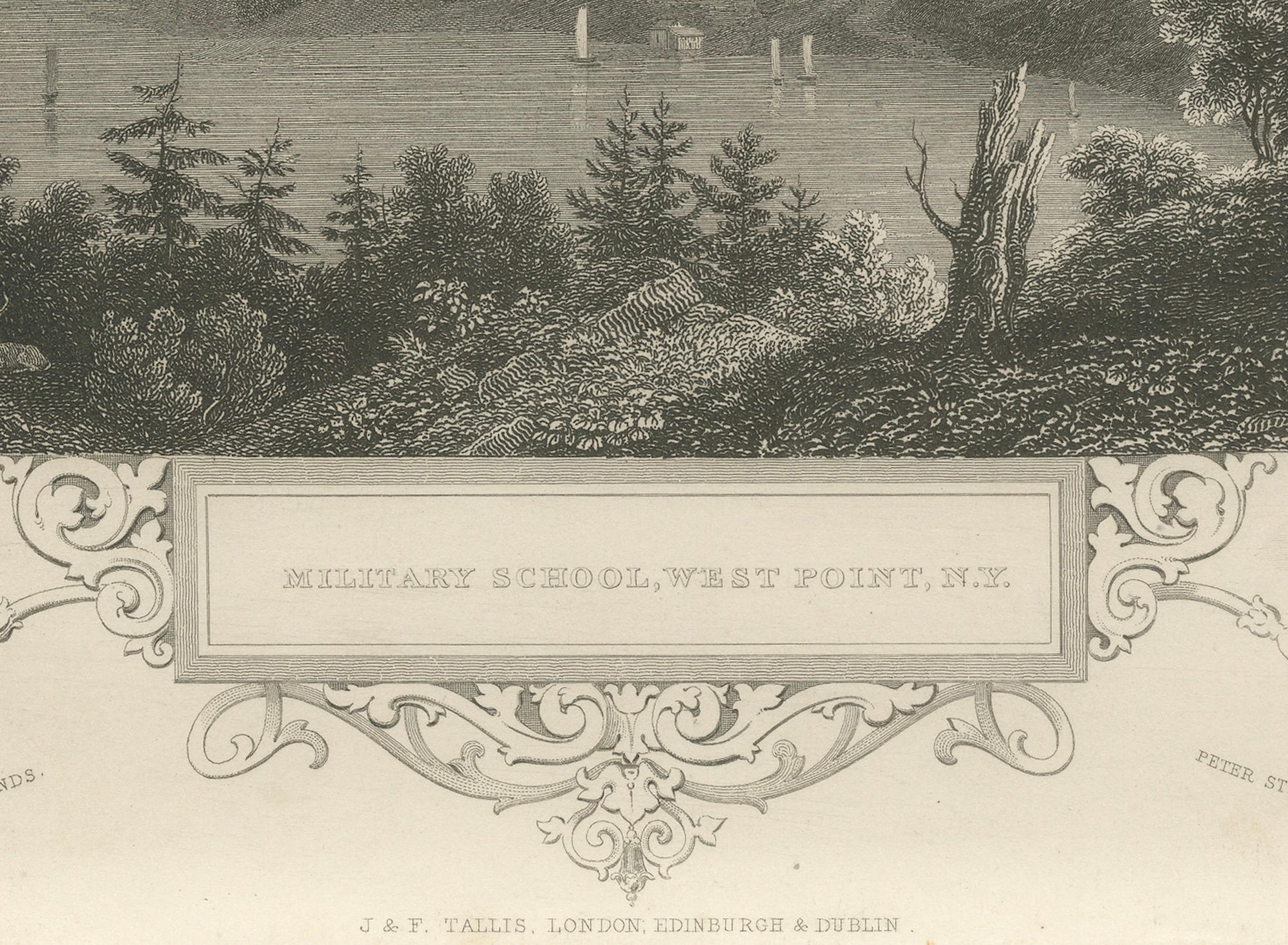 Kupferstich der Militärschule West Point, um 1850 - Ansicht des historischen Hudson River Valley (Papier) im Angebot