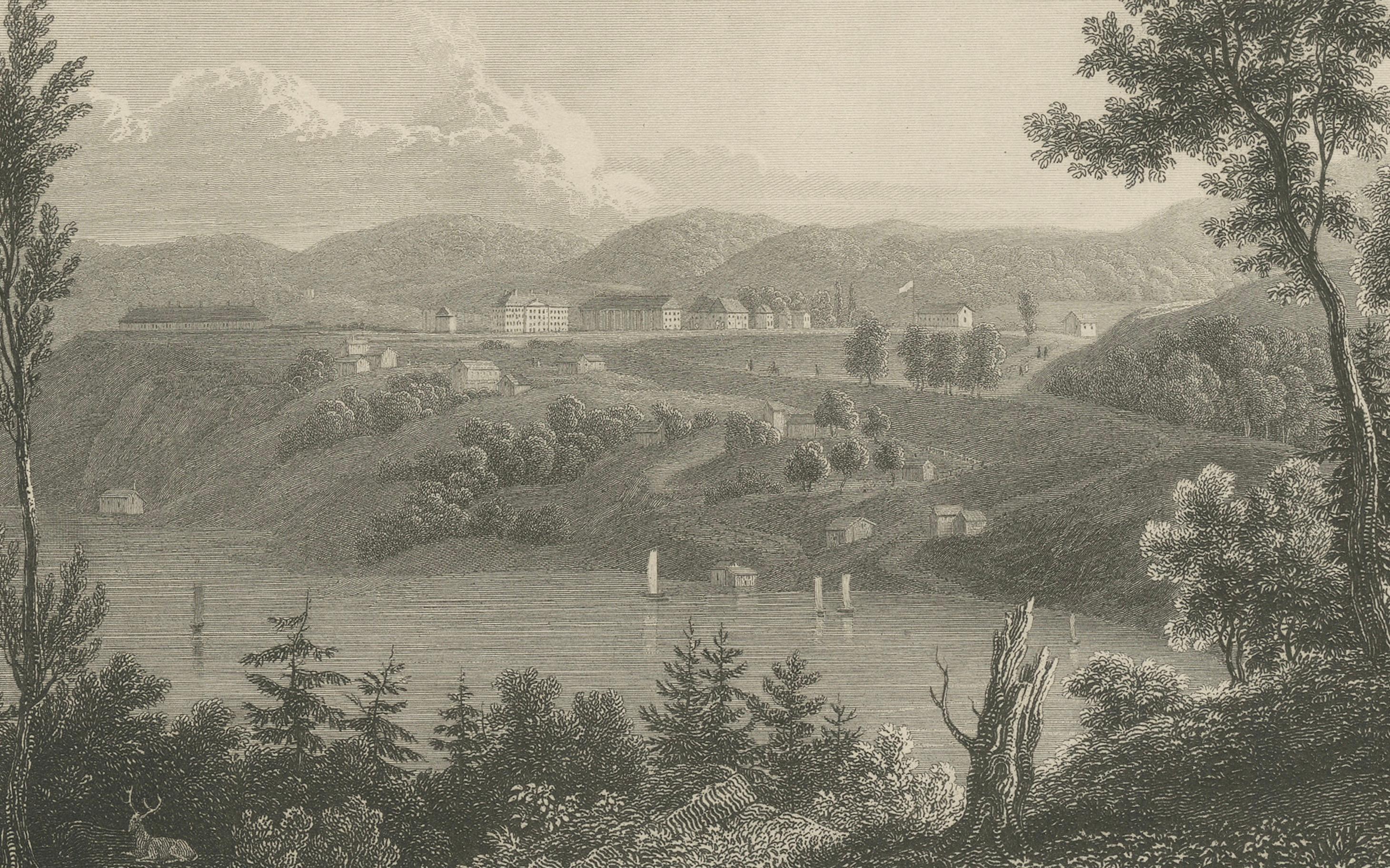 Kupferstich der Militärschule West Point, um 1850 - Ansicht des historischen Hudson River Valley im Angebot 1