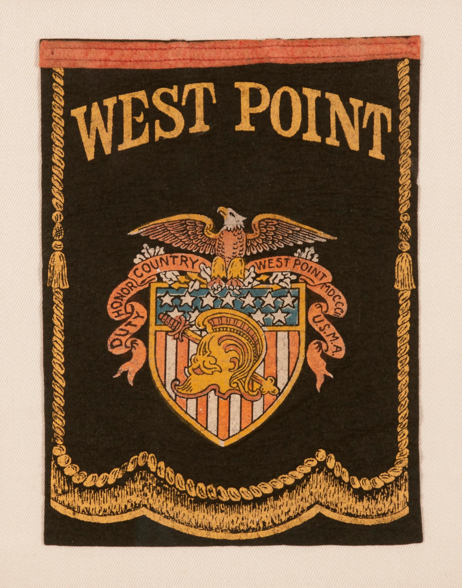 PATRIOTIC WEST POINT WINDOW BANNER, PROBABLY MADE AROUND THE TIME OF U.S. INVOLVEMENT IN WWI (1917-18), A WONDERFUL EAMPLE WITH THE ACADEMY CREST & A SALMON RED BINDING

Small window banner, made for the United States Military Academy at West Point,