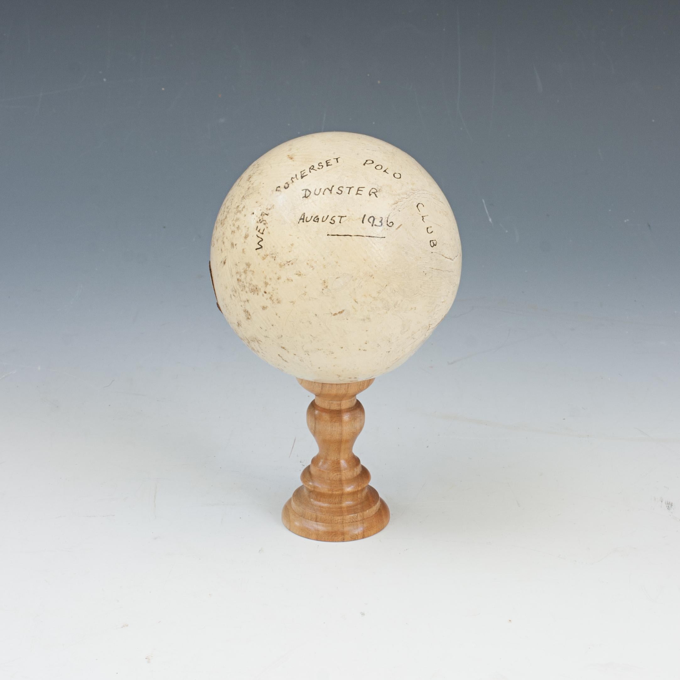 Vintage Polo Trophy.
A vintage J. Salter & Sons polo ball, written on the ball in ink 'West Somerset Polo Club, Dunster, August 1936'. The ball is also impressed with 'J. Salters, Mulch Willow, Made In England'.

The West Somerset Polo Club was