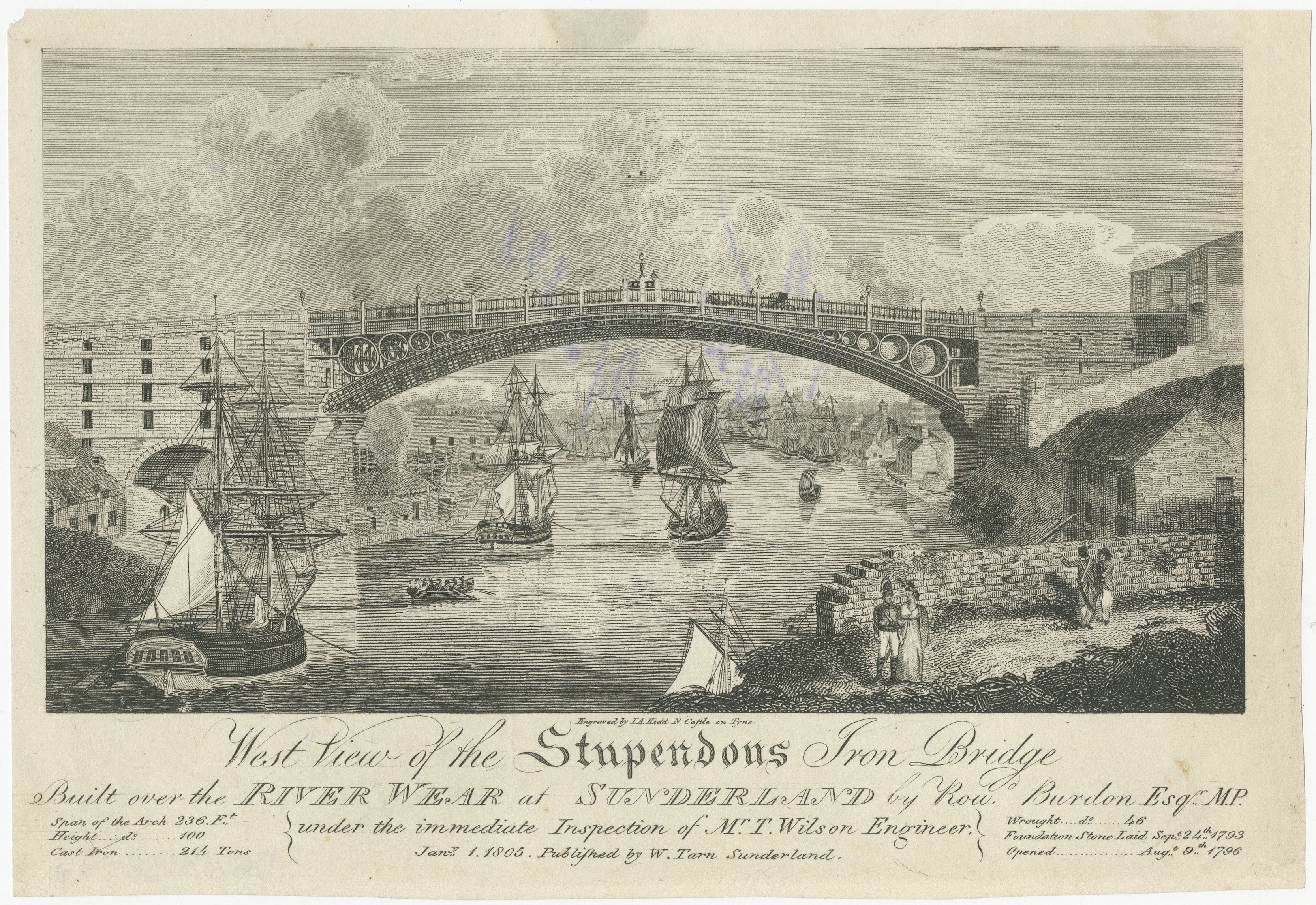 West View of the Stupendous Iron Bridge Over the River Wear, Sunderland, 1805

This finely detailed engraving depicts the Iron Bridge over the River Wear in Sunderland, a marvel of early 19th-century engineering. Designed by engineer Thomas Wilson
