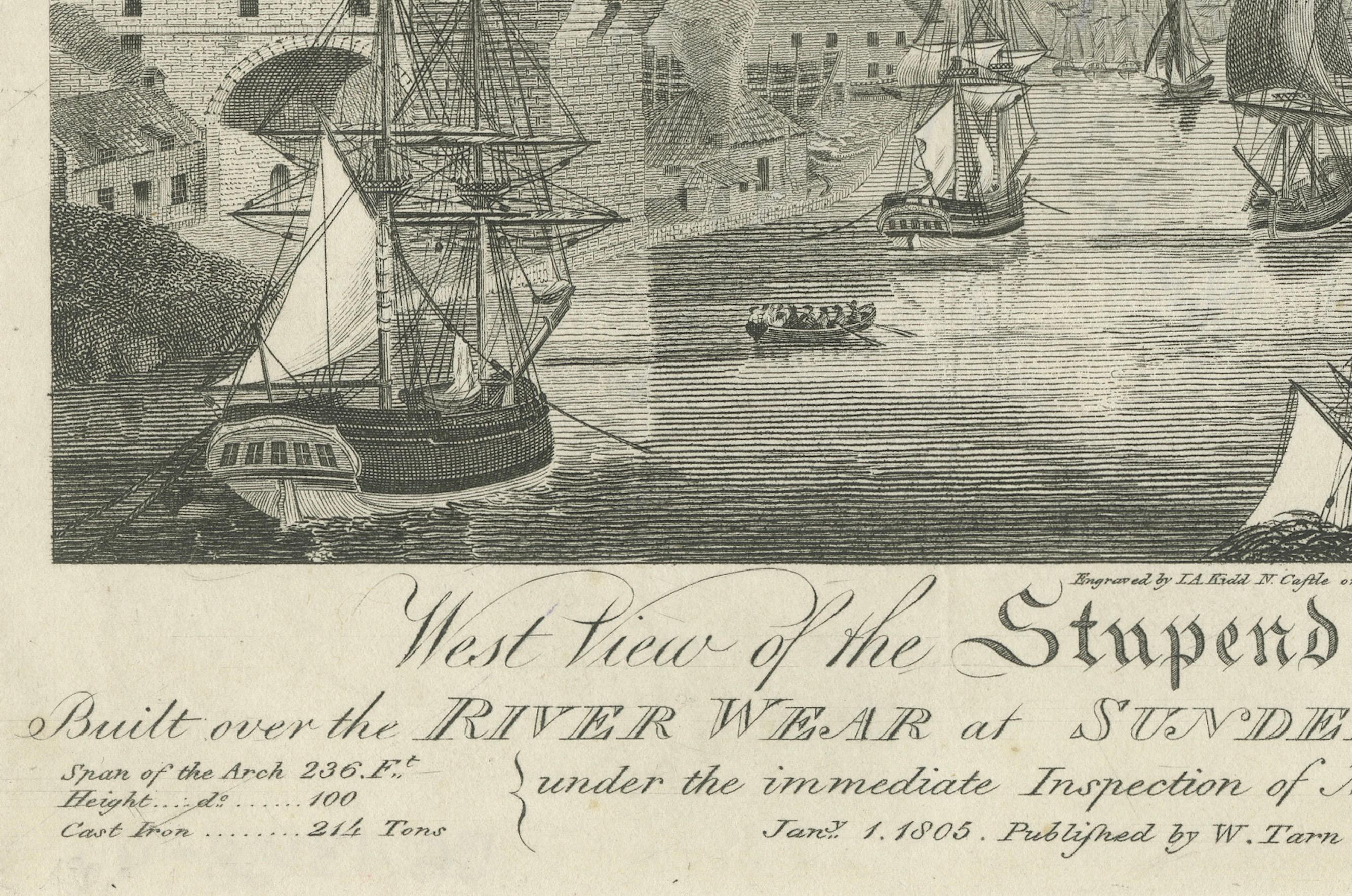Engraved West View of the Stupendous Iron Bridge Over the River Wear, Sunderland, 1805 For Sale