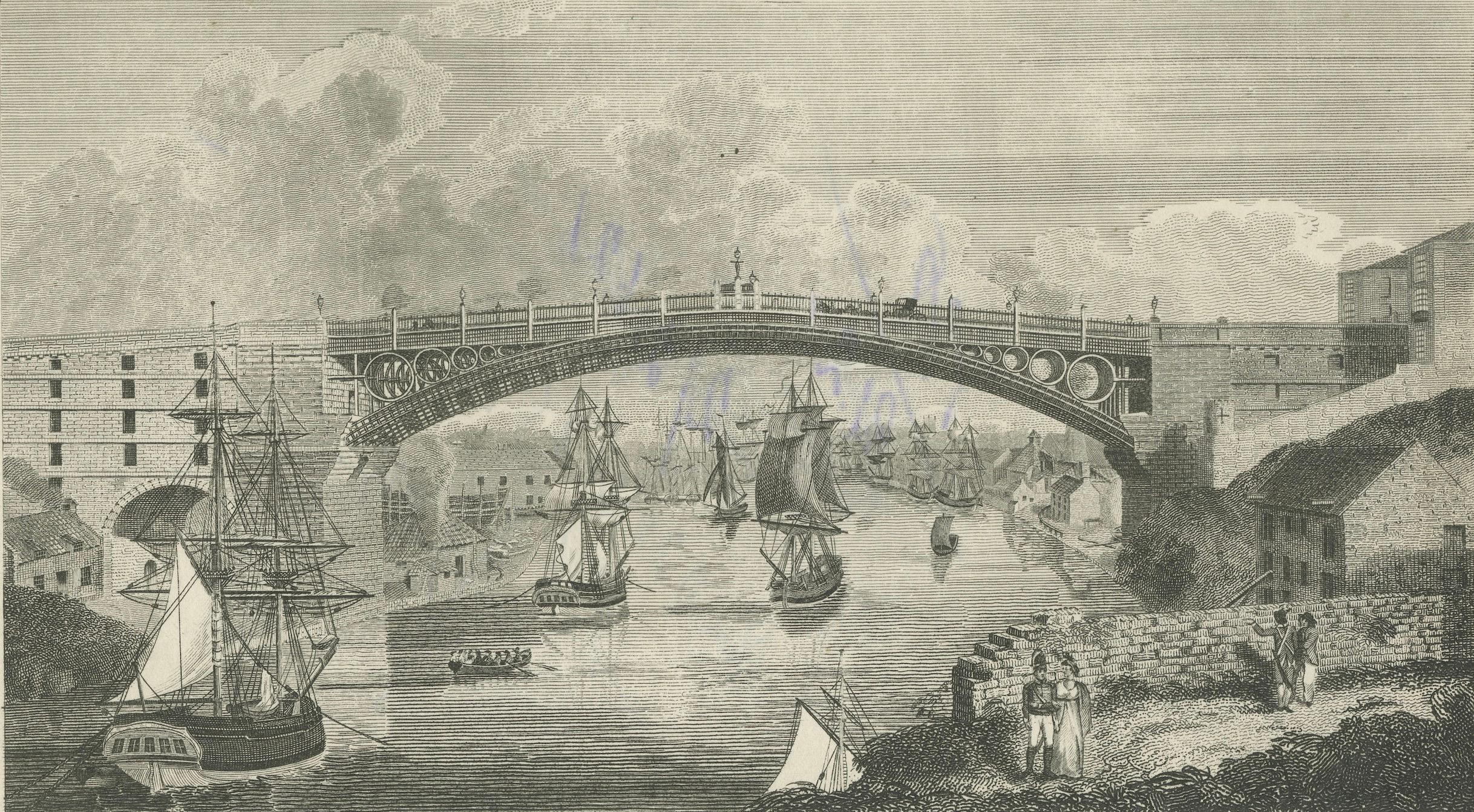 Early 19th Century West View of the Stupendous Iron Bridge Over the River Wear, Sunderland, 1805 For Sale