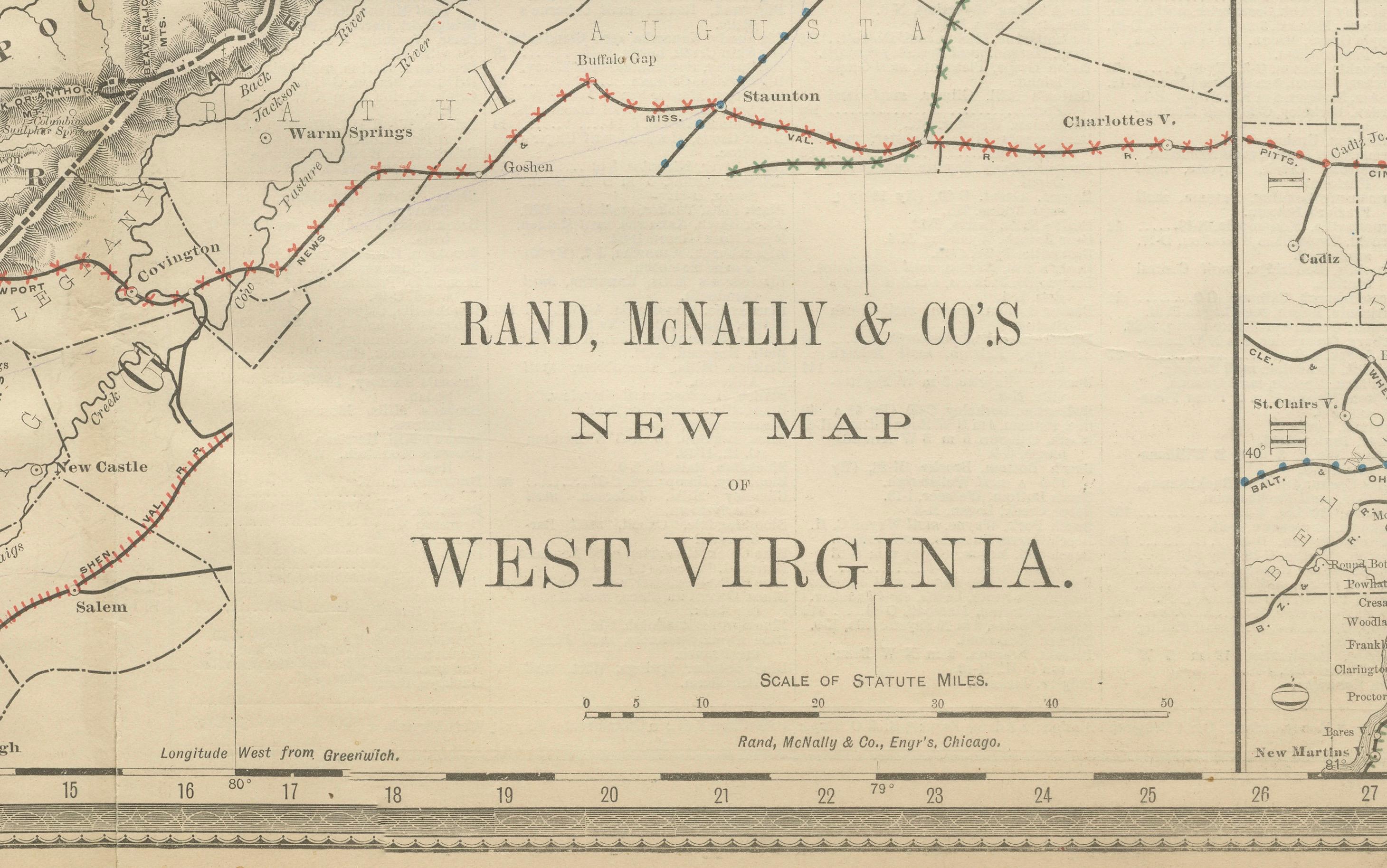 West Virginia Antique Railroad Map c.1888 – Mountain State Counties & Towns For Sale 3
