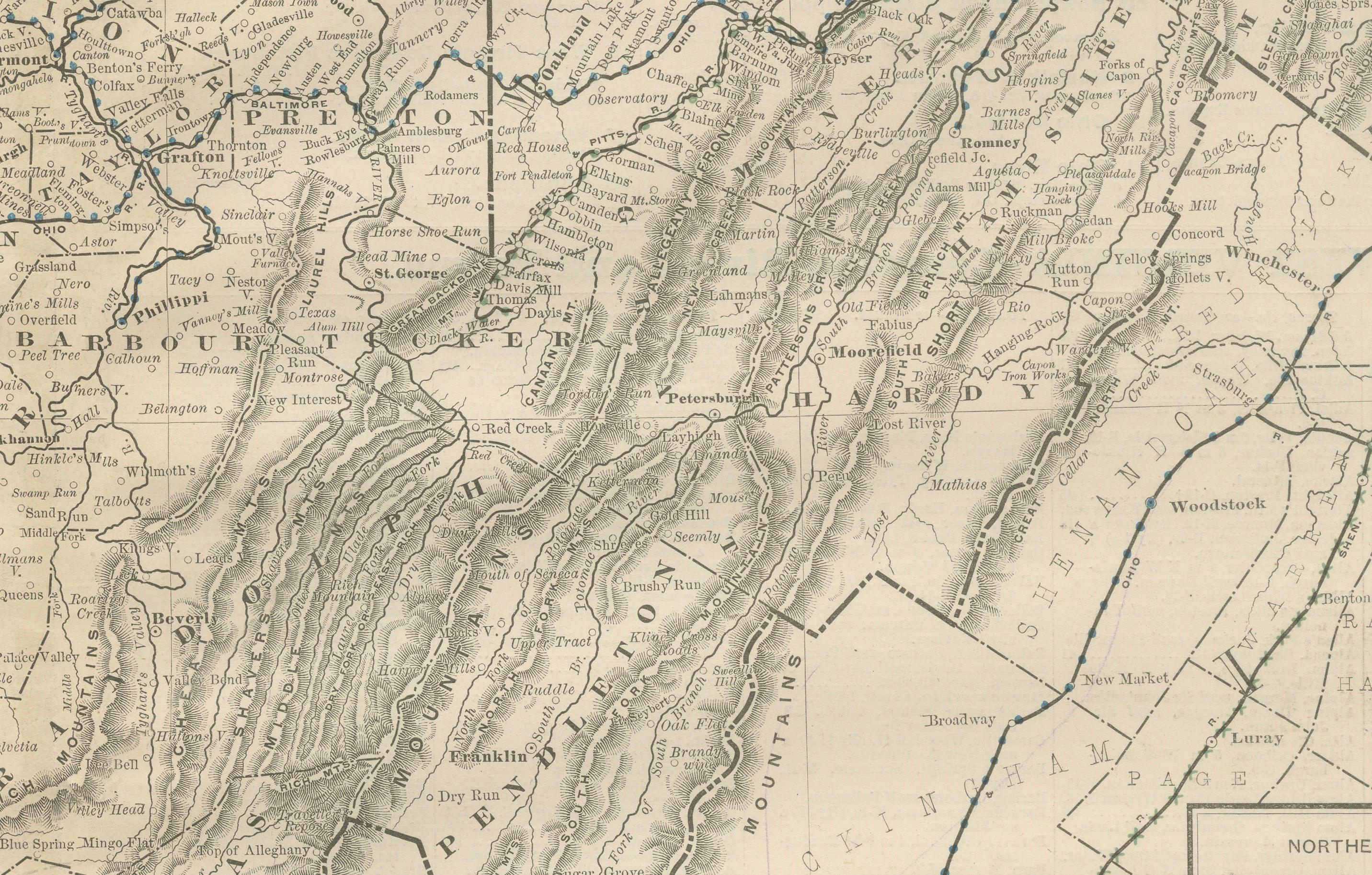 Engraved West Virginia Antique Railroad Map c.1888 – Mountain State Counties & Towns For Sale