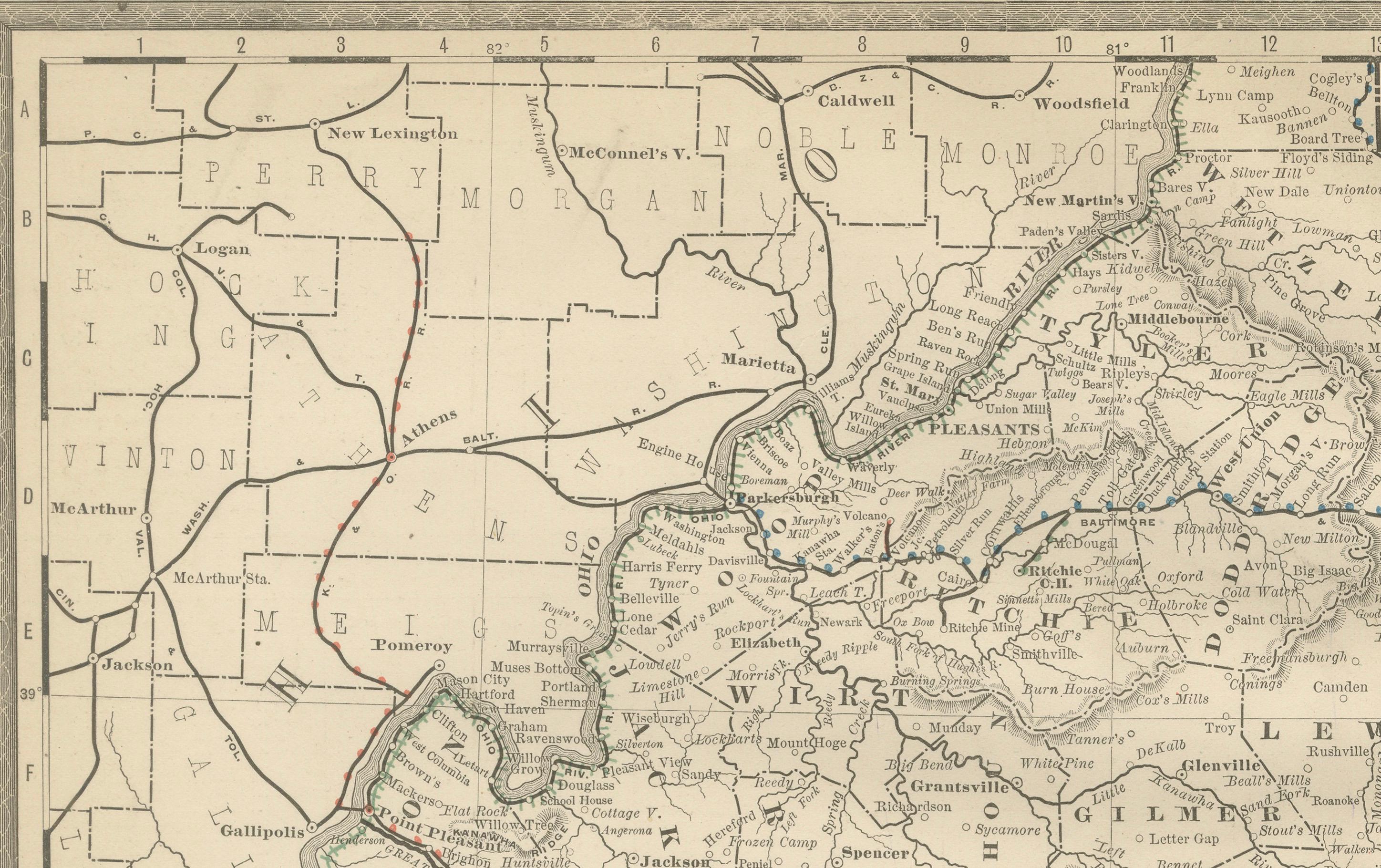 West Virginia Antique Railroad Map c.1888 – Mountain State Counties & Towns In Good Condition For Sale In Langweer, NL