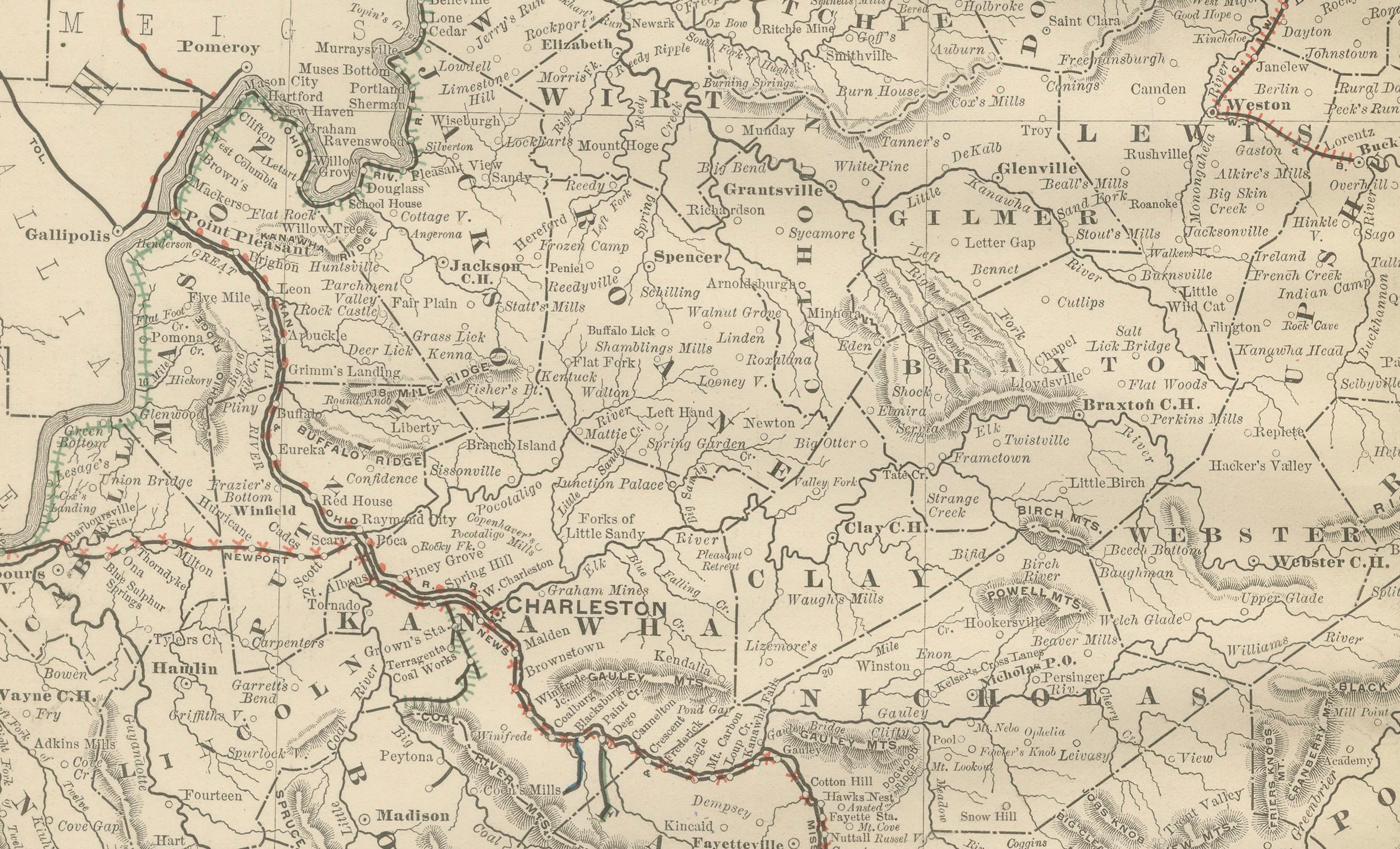 19th Century West Virginia Antique Railroad Map c.1888 – Mountain State Counties & Towns For Sale