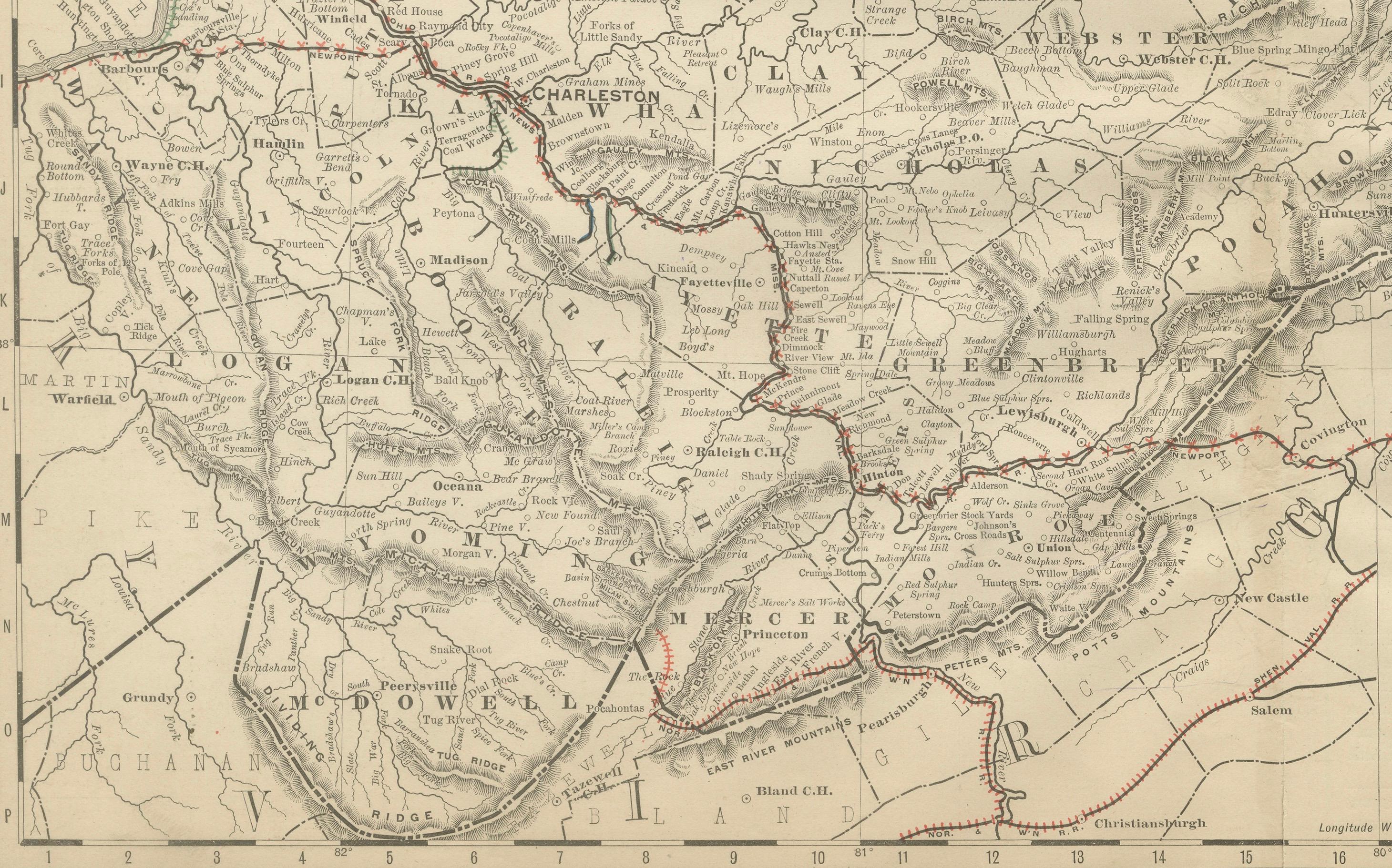 Paper West Virginia Antique Railroad Map c.1888 – Mountain State Counties & Towns For Sale