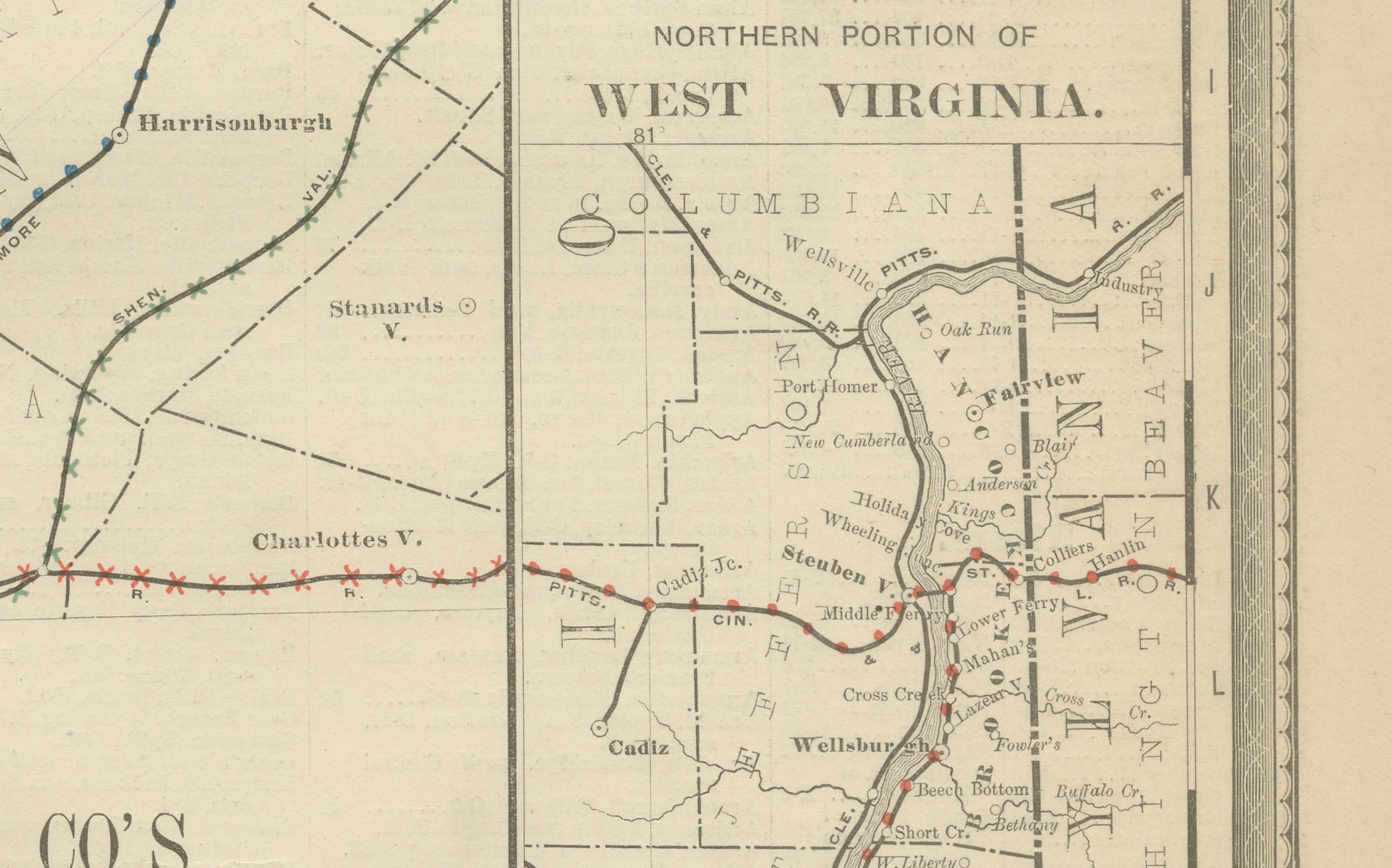 West Virginia Antique Railroad Map c.1888 – Mountain State Counties & Towns For Sale 1