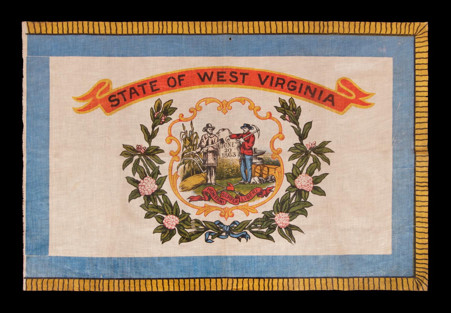 WEST VIRGINIA STATE PARADE FLAG ON GLAZED COTTON, CA 1929 OR PERHAPS PRIOR, A RARE AND BEAUTIFUL EXAMPLE:
 
The Great Seal of the State of West Virginia was adopted during the Civil War, on September 26, 1863. This occurred just three months after