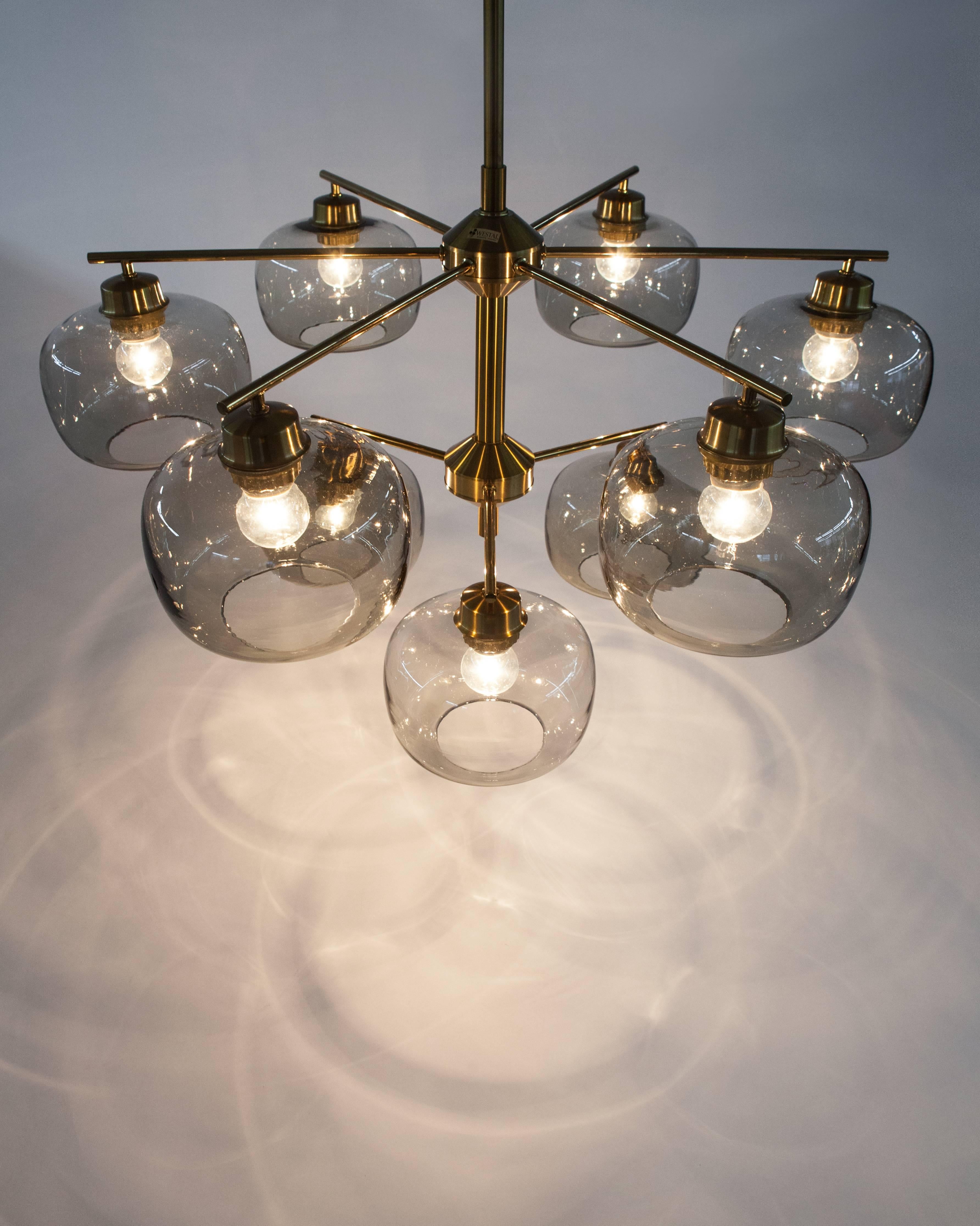 Brass Chandelier with Smoke Glass Shades by Holger Johansson for Westal, Swedish In Good Condition In New York, NY