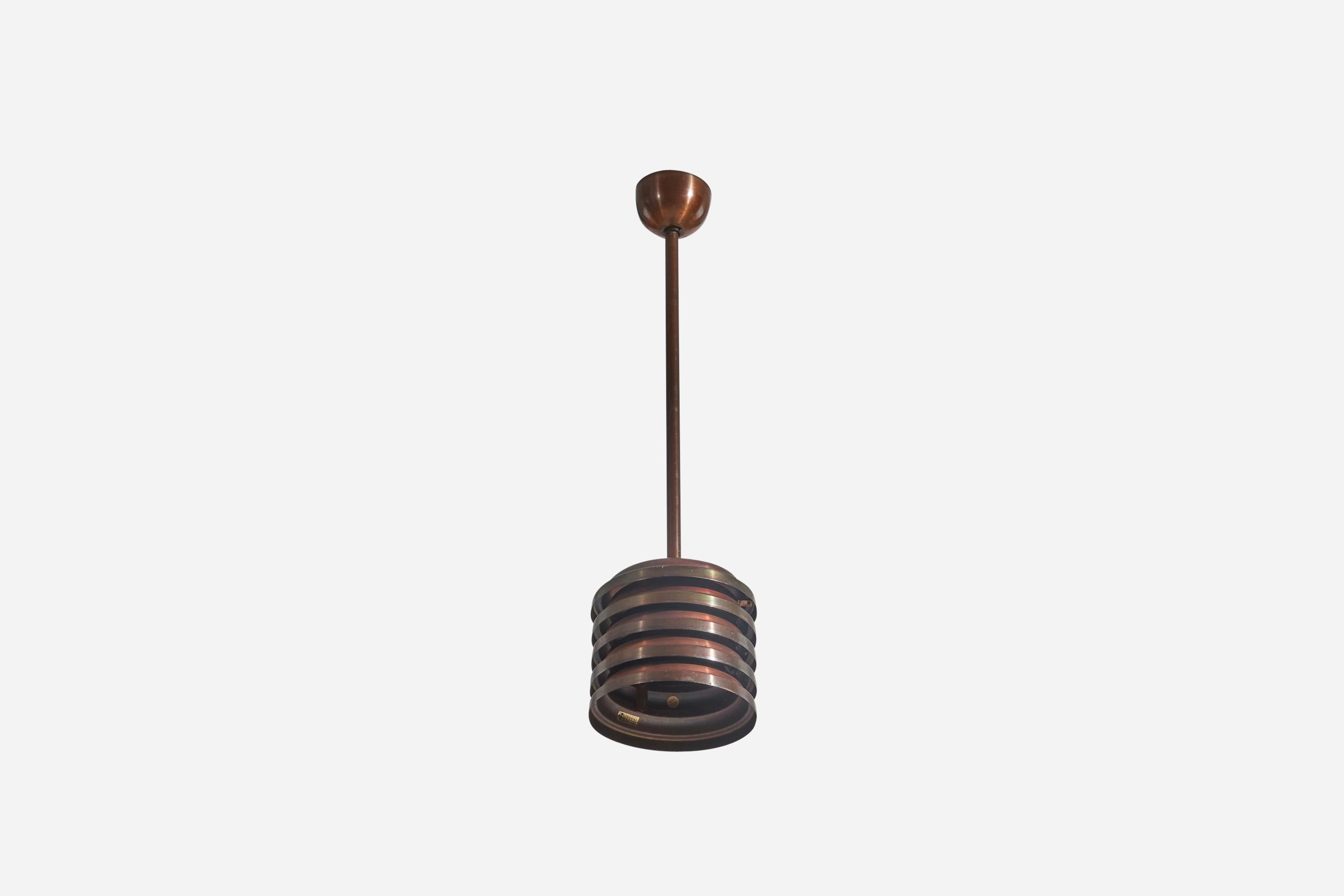 A pair of copper pendants designed and produced by Westal AB, Bankeryd, Sweden, 1970s.

Dimensions of canopy (inches) : (height x width x depth).

Socket takes standard E-26 medium base bulb.
The maximum wattage stated on the fixture is 75.