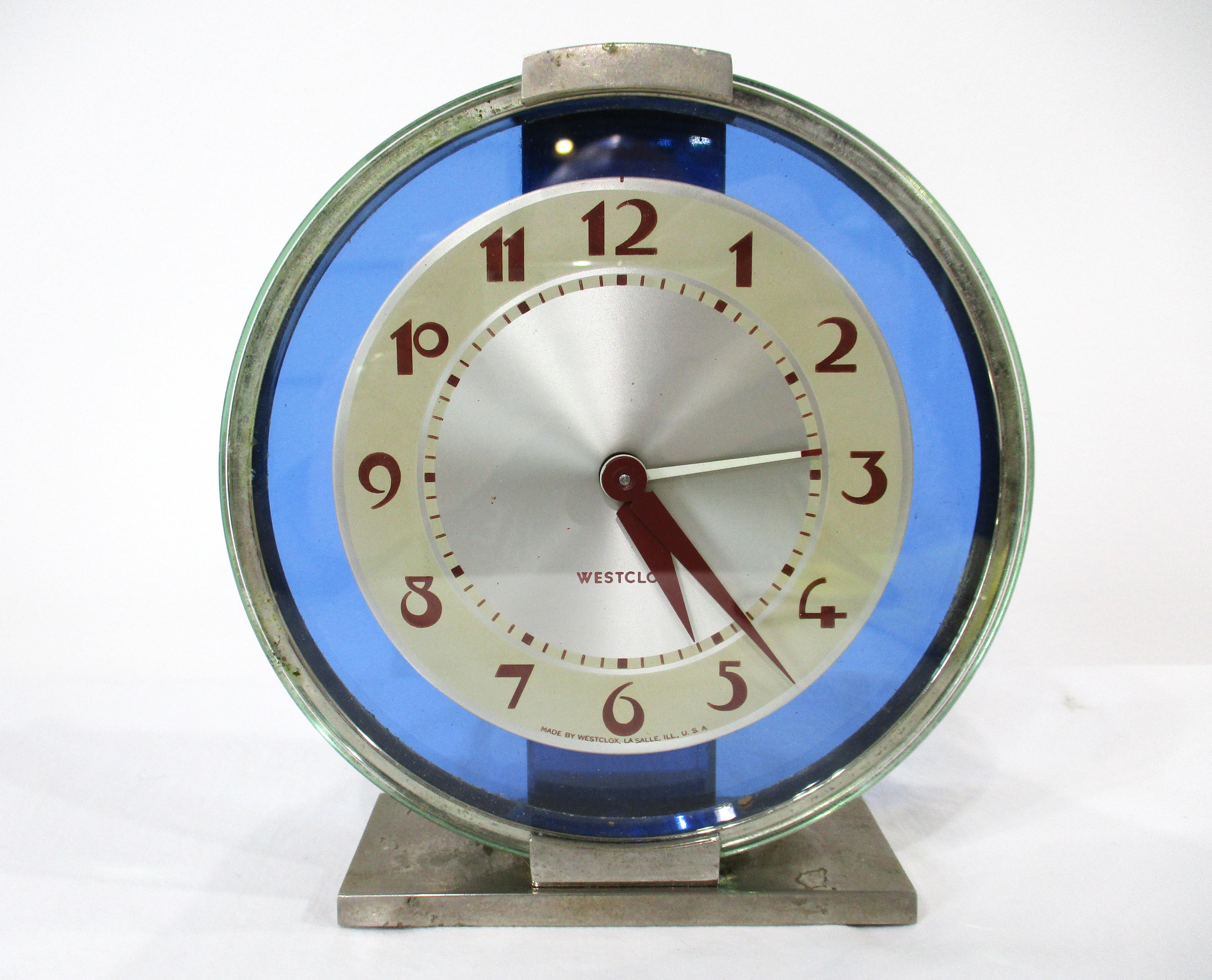 Westclox Art Deco Blue Glass Desk Clock For Sale 6