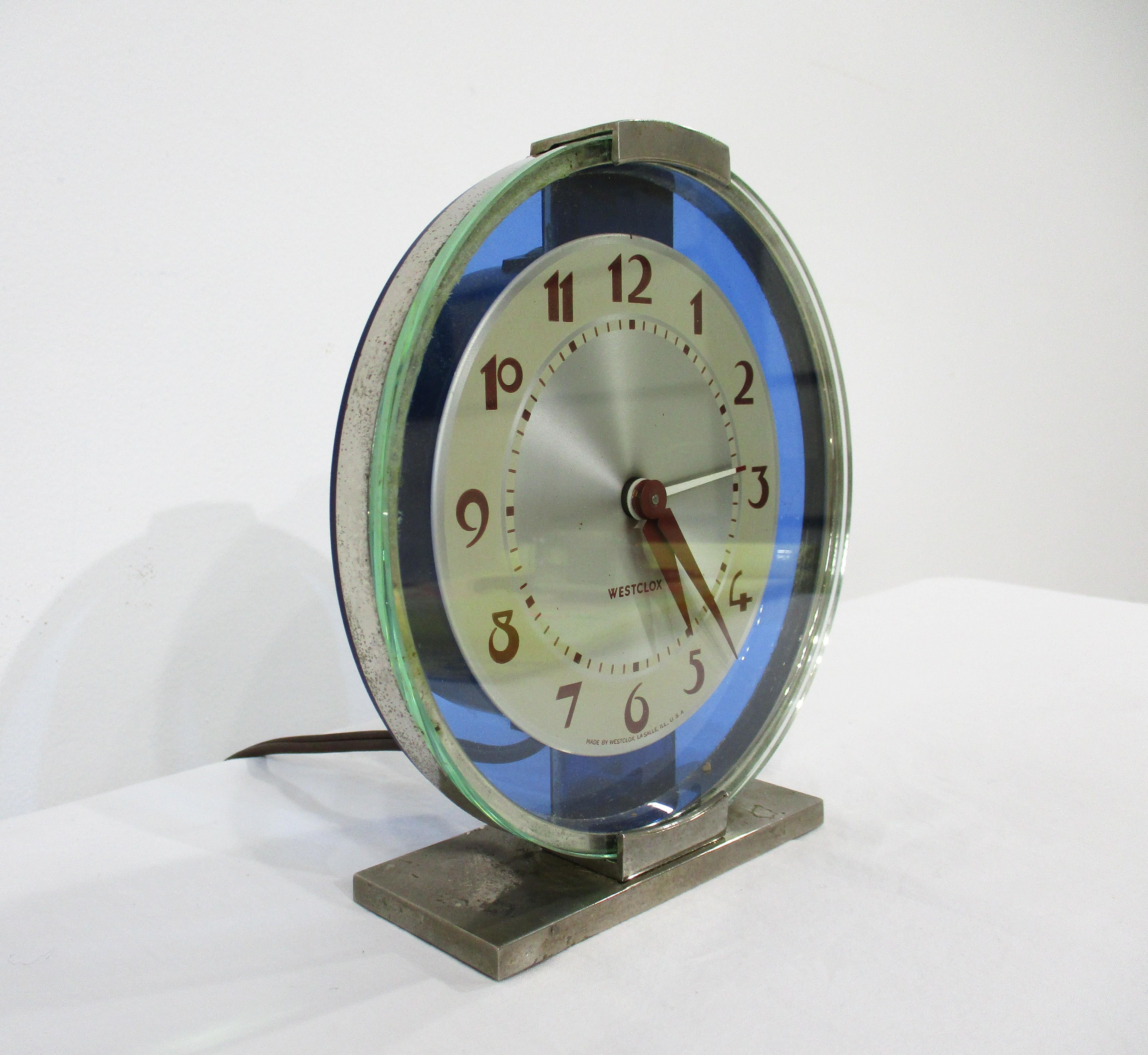 American Westclox Art Deco Blue Glass Desk Clock For Sale