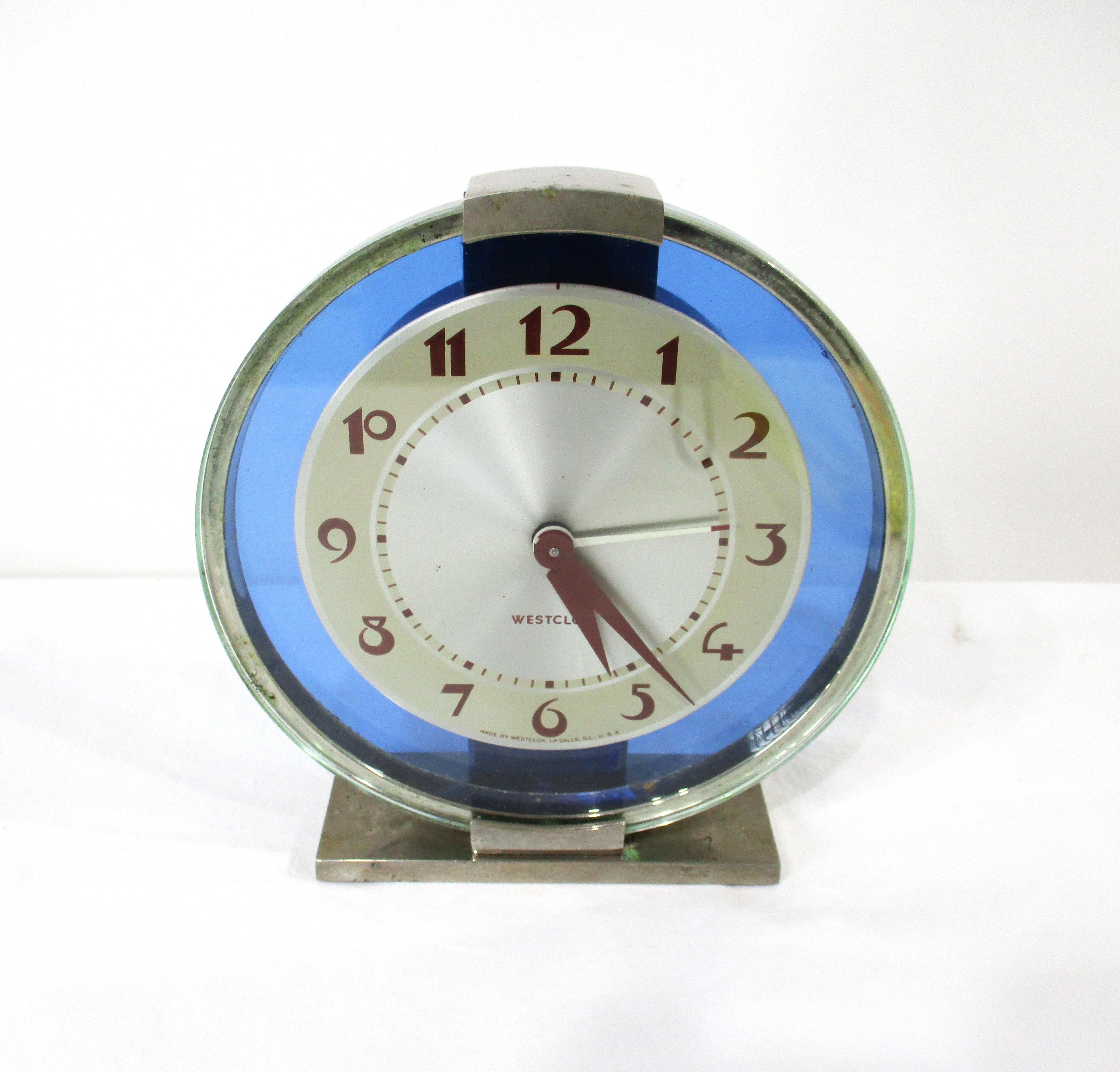 Westclox Art Deco Blue Glass Desk Clock In Good Condition For Sale In Cincinnati, OH