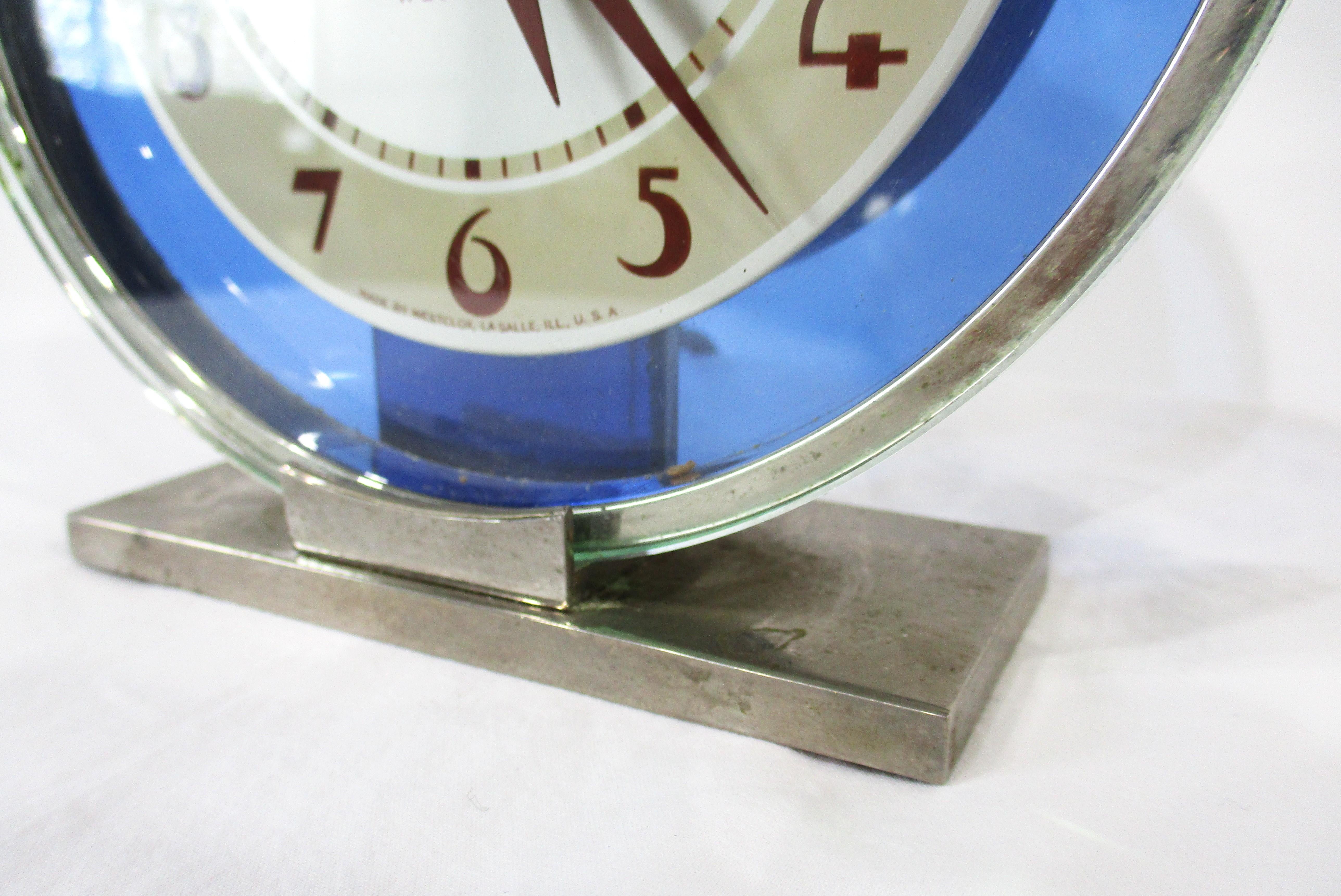 Westclox Art Deco Blue Glass Desk Clock For Sale 1