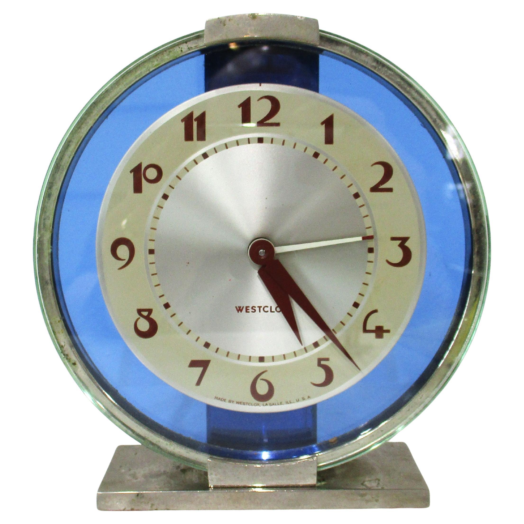 Westclox Art Deco Blue Glass Desk Clock For Sale