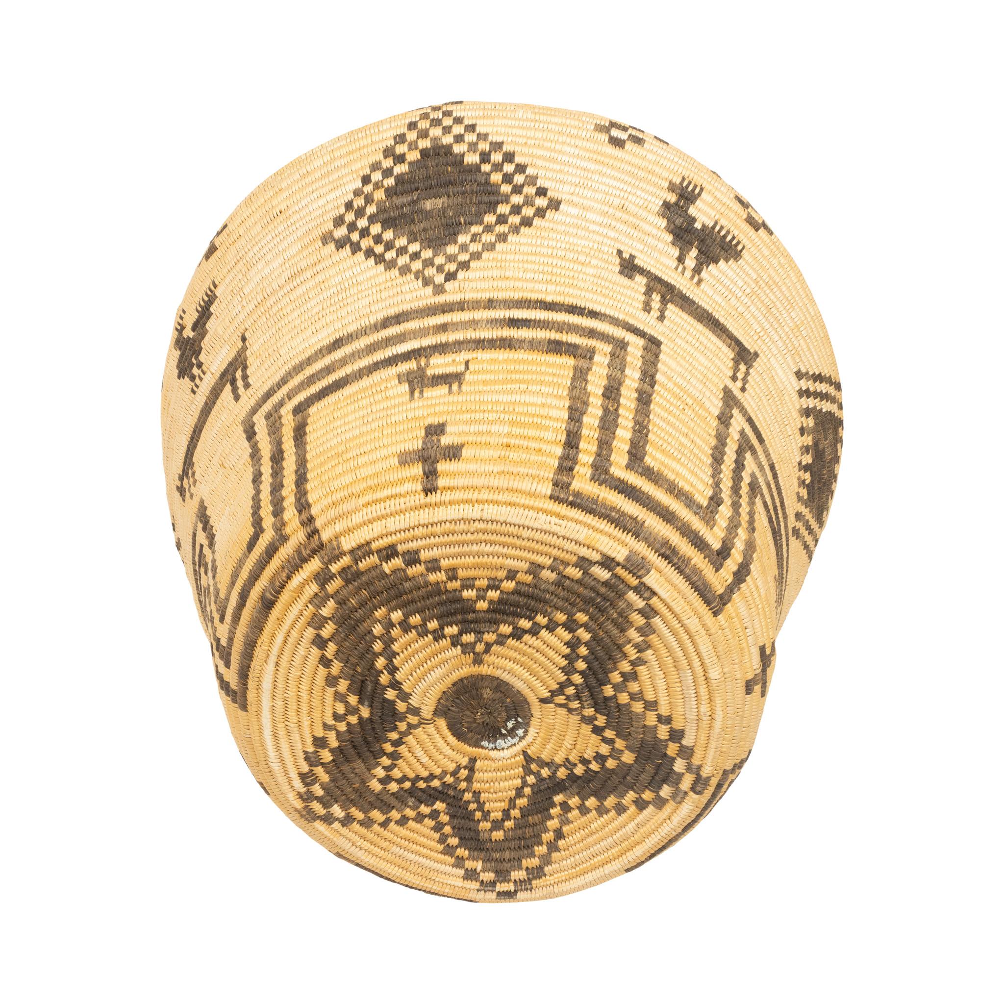 Western Apache olla from the San Carlos of White Mountain Apache tribes. Figurative olla with humans, dogs, horses, chickens, diamonds and meanders. Attributed to Gusta Thompson, San Carlos Apache (1904-1986), see Jerry Jacka, Arizona Highways. 14
