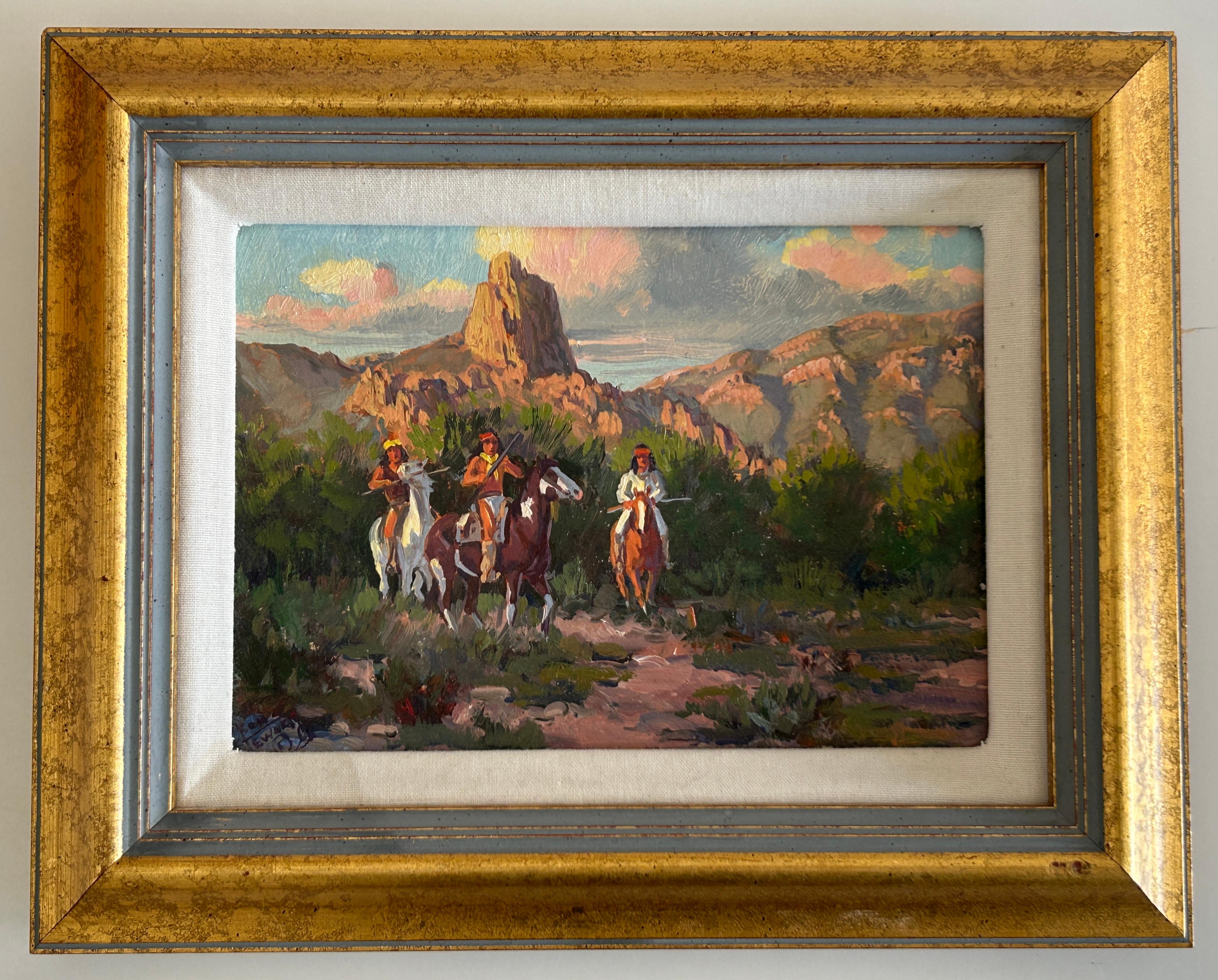 Impressionnante scène indienne / western de trois guerriers indiens à cheval dans la prairie. 
Cette magnifique peinture à l'huile originale de l'artiste américain Ron Stewart, intitulée 