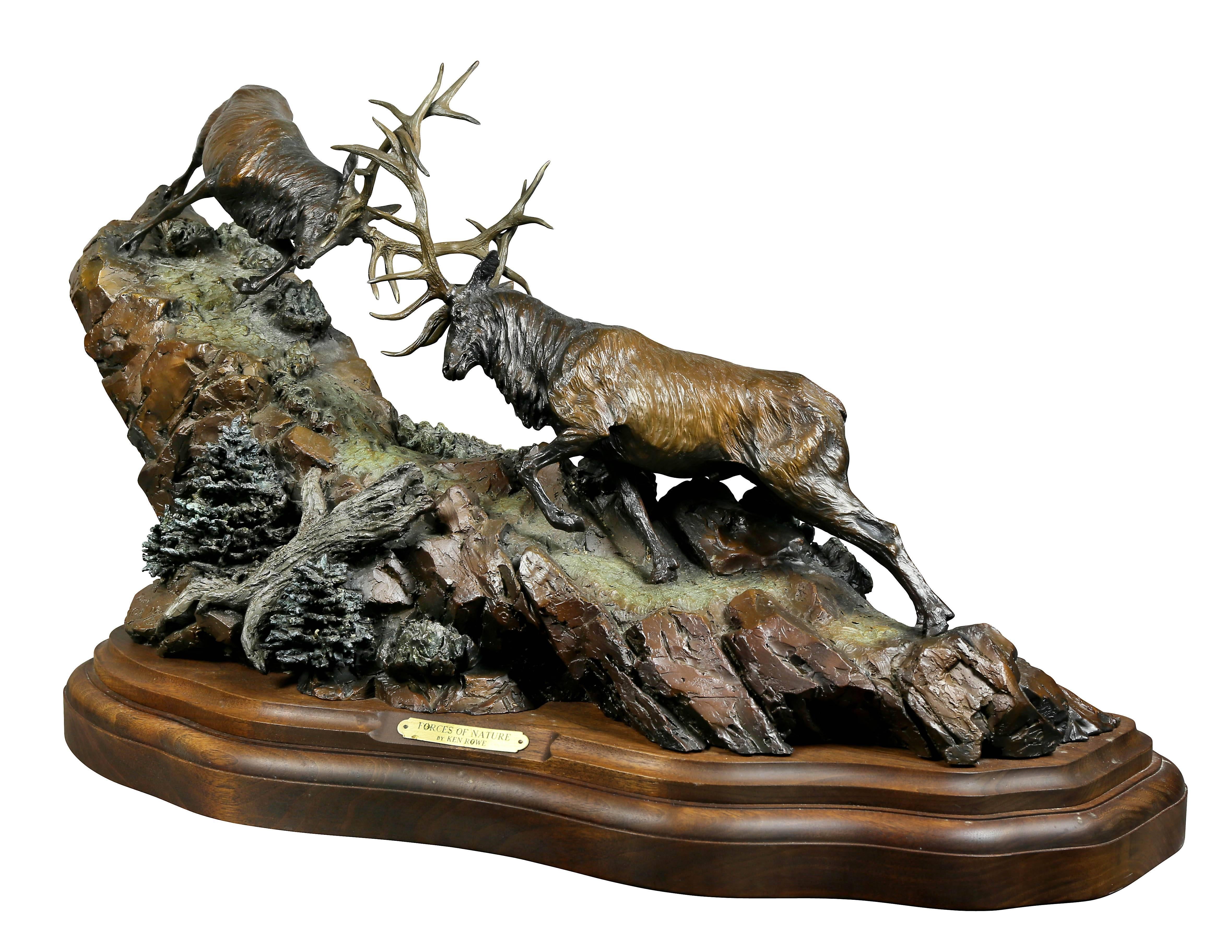 Depicting two Elk locking horns on a wood base. Purchased Jackson Wyoming gallery.