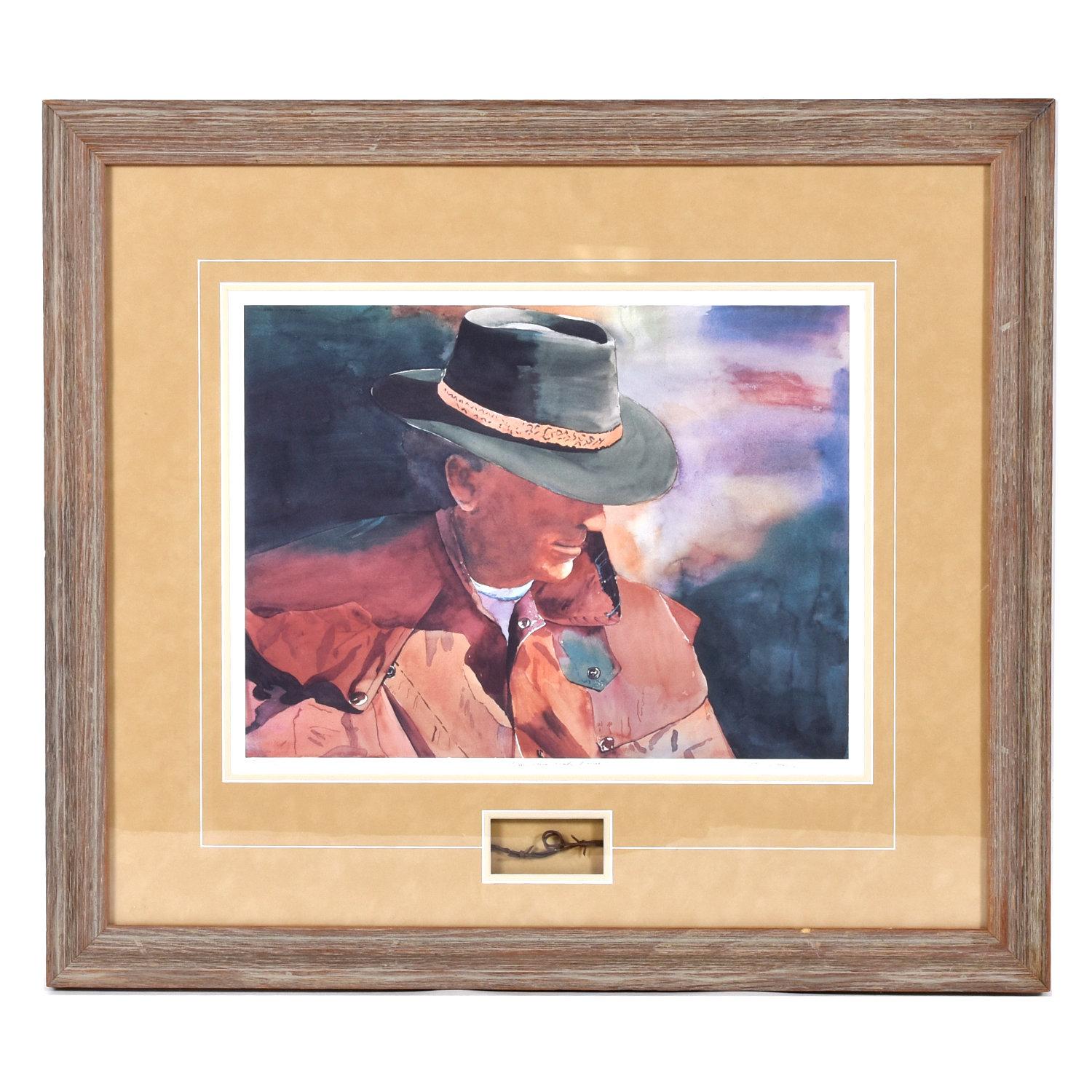 Western Cowboy- Rancher-Porträt mit geriffeltem Drahtstift, signierte Lithographie (amerikanisch) im Angebot