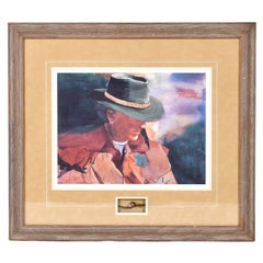 Western Cowboy Rancher Portrait With Barbed Wire Pencil Signed Lithograph