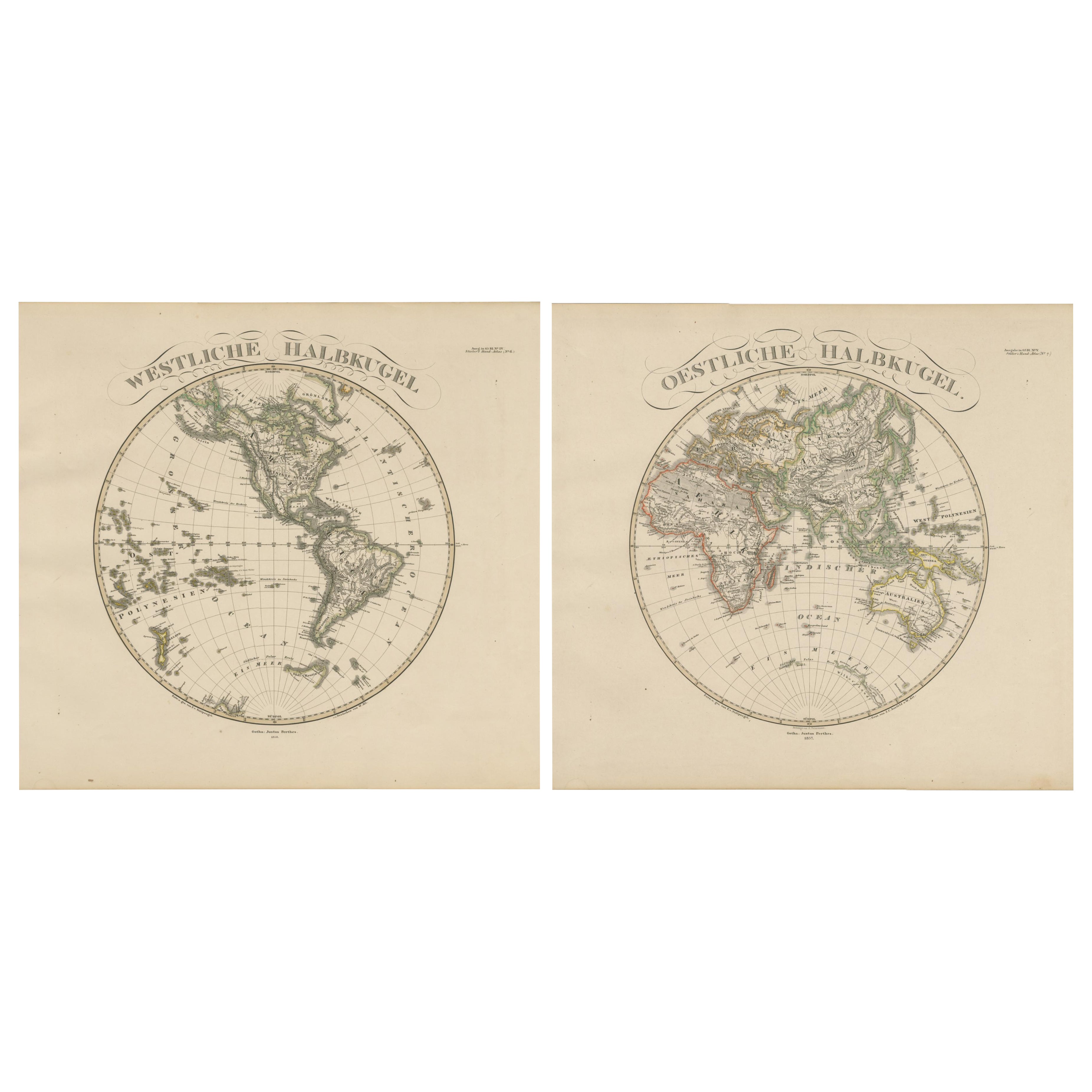 Mappe dell'emisfero occidentale e orientale - Incisioni del doppio emisfero 1857