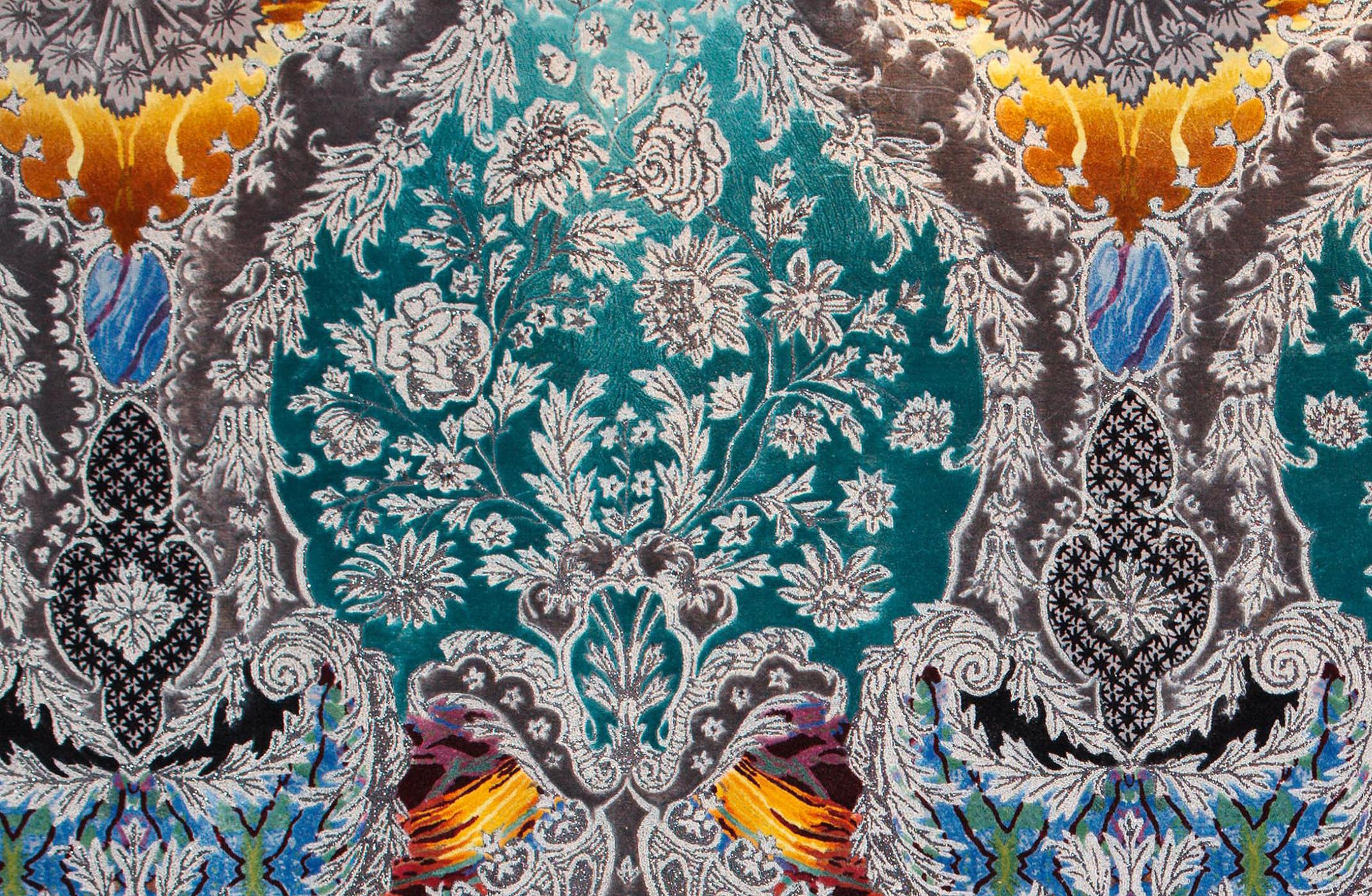 Wool Western European Silk Tufted Rug, Luxury Collection, Jewelry Design, Blue Green For Sale