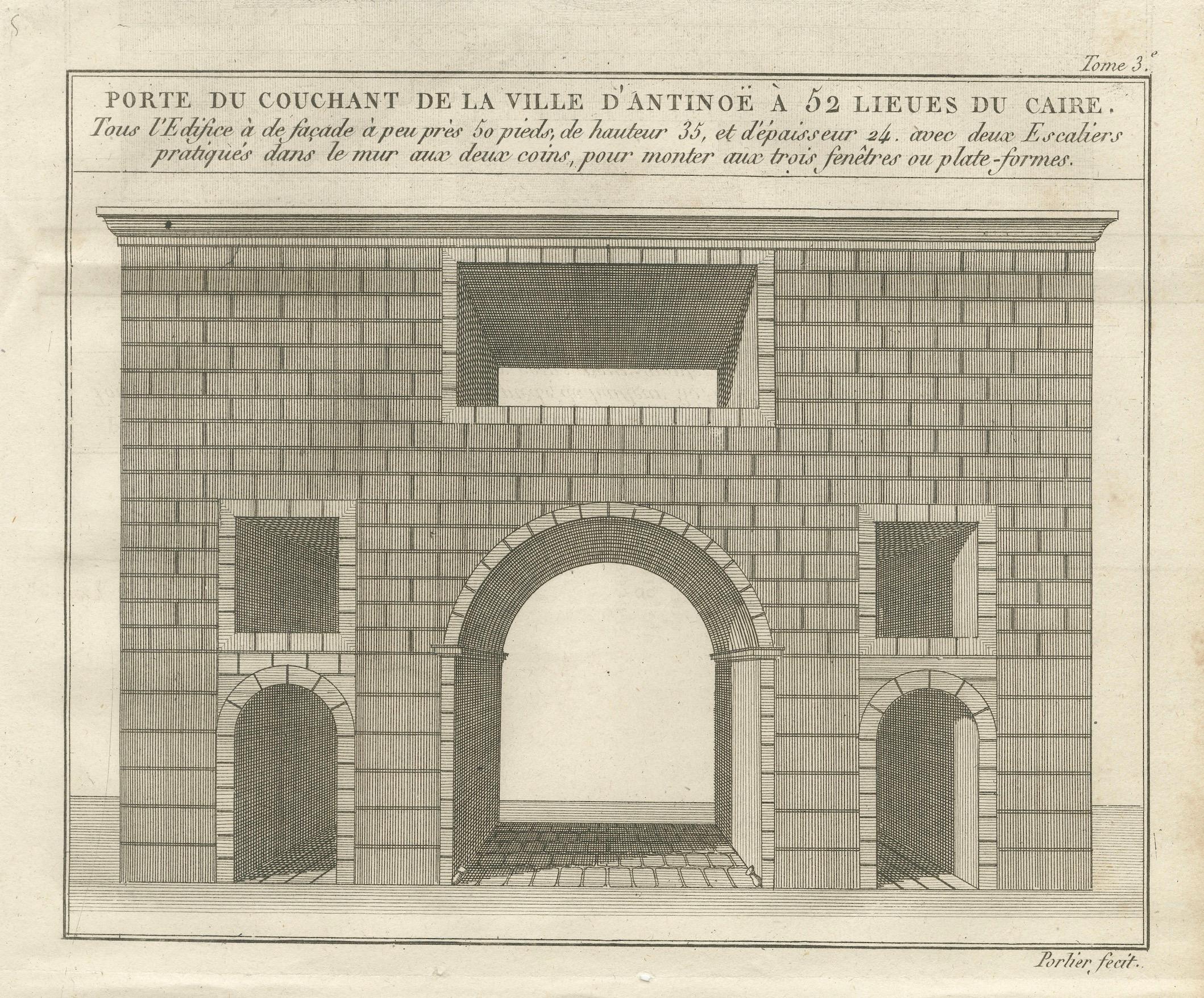 Gravé Porte occidentale d'Antinoë, Égypte - Gravure ancienne d'architecture française, c.1790 en vente