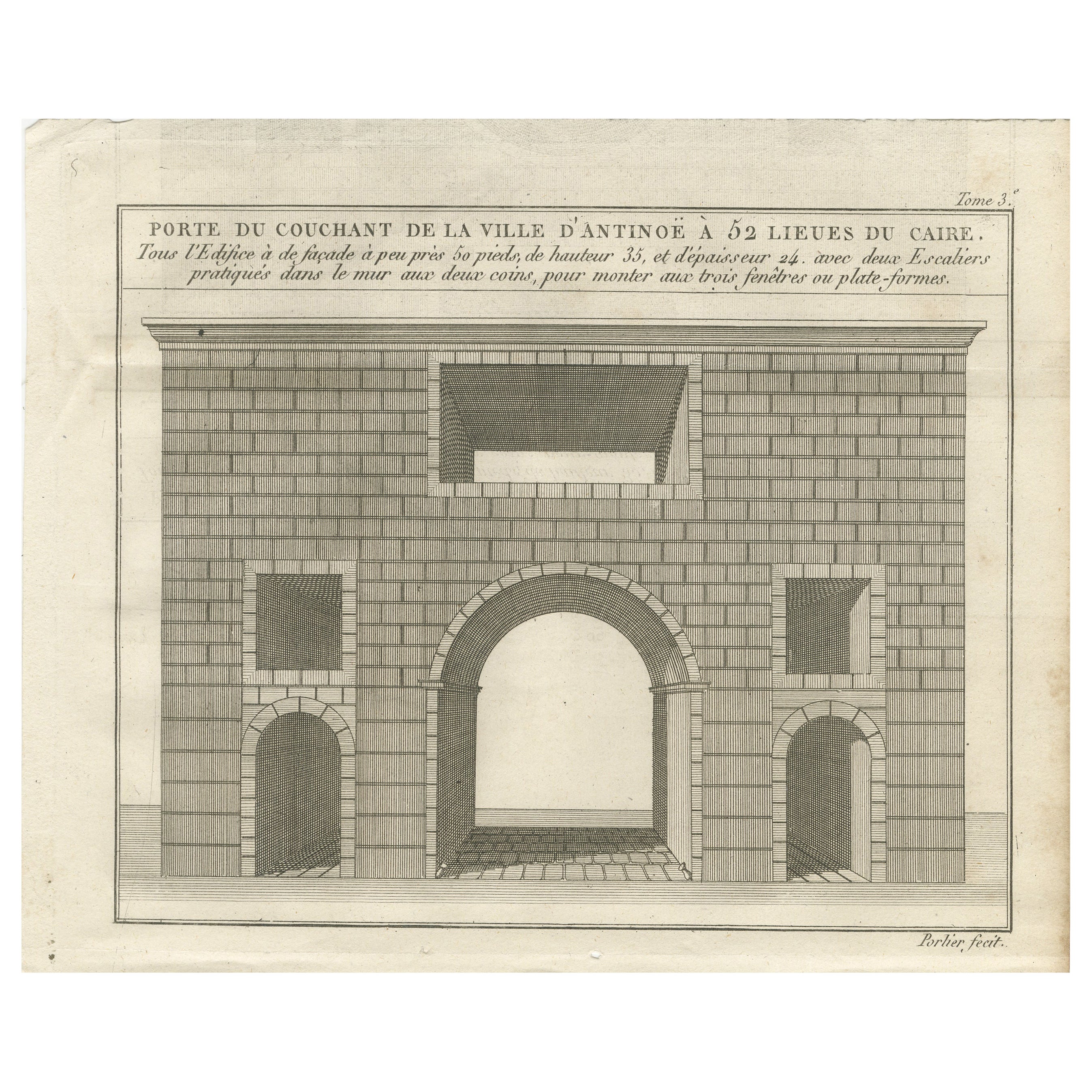 Porte occidentale d'Antinoë, Égypte - Gravure ancienne d'architecture française, c.1790 en vente