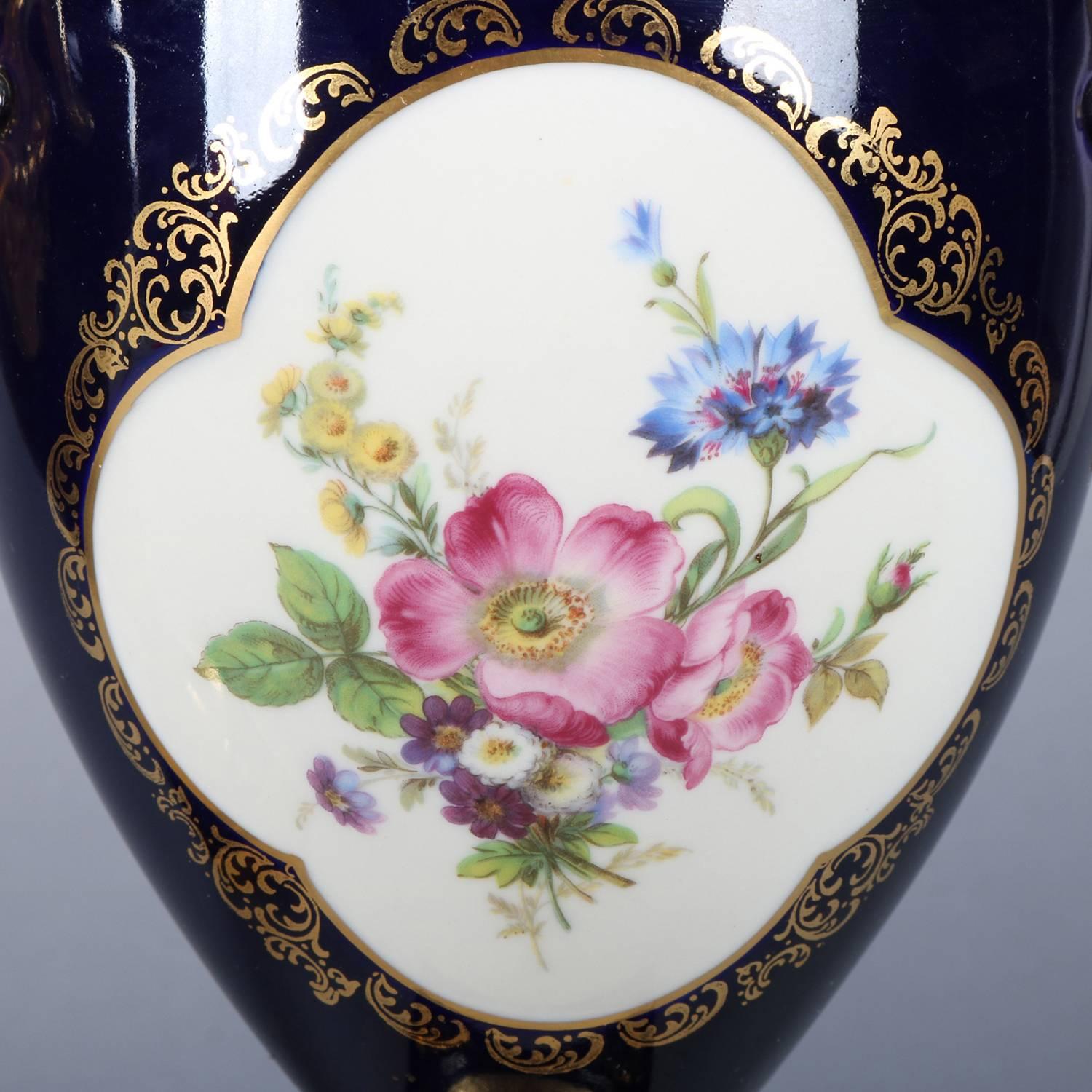 French Western Germany Meissen School Hand-Painted Cobalt and Gilt Porcelain Urns